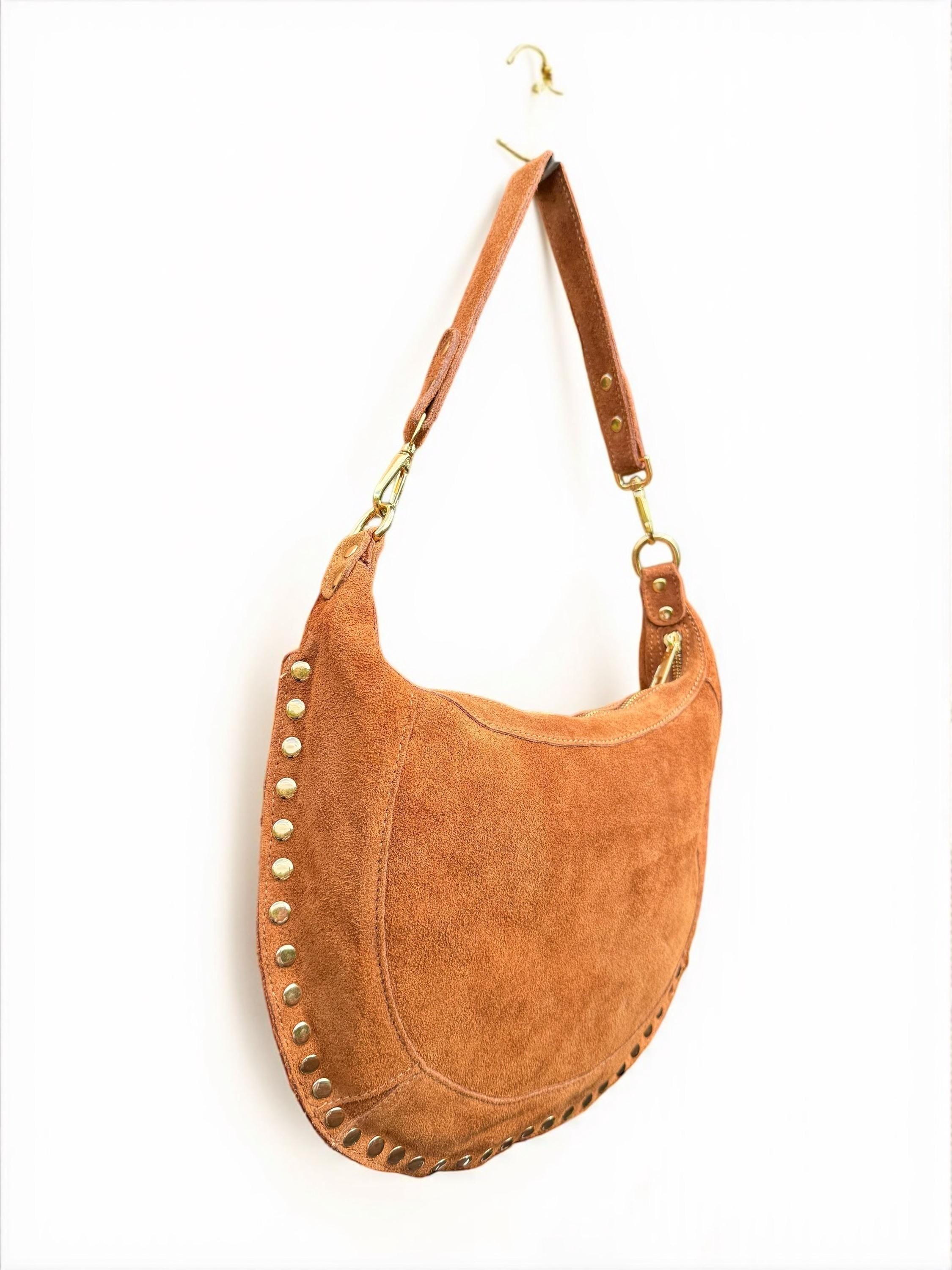 Camel Suede Crescent Shoulder Bag with Gold Studs