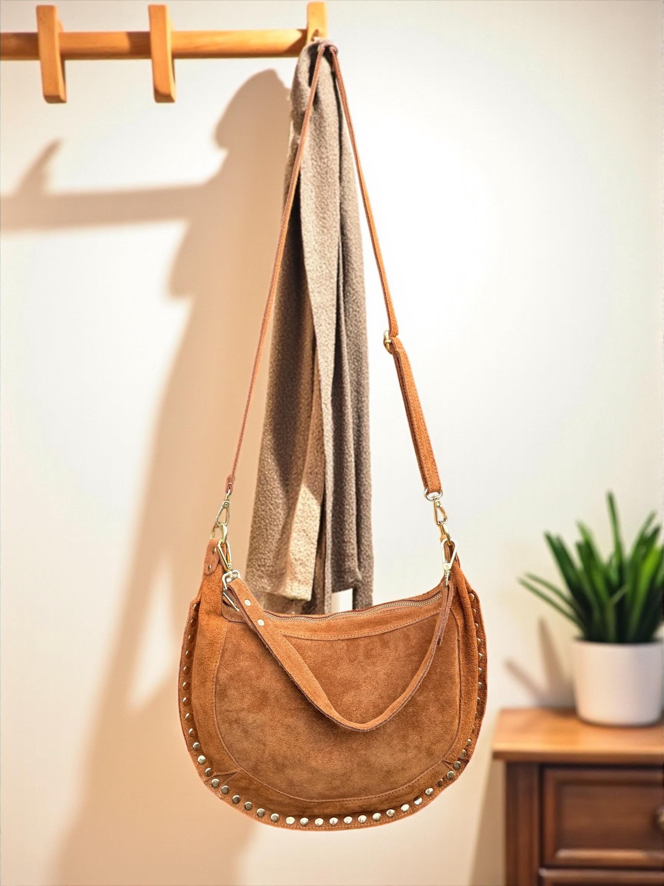 Camel Suede Crescent Shoulder Bag with Gold Studs