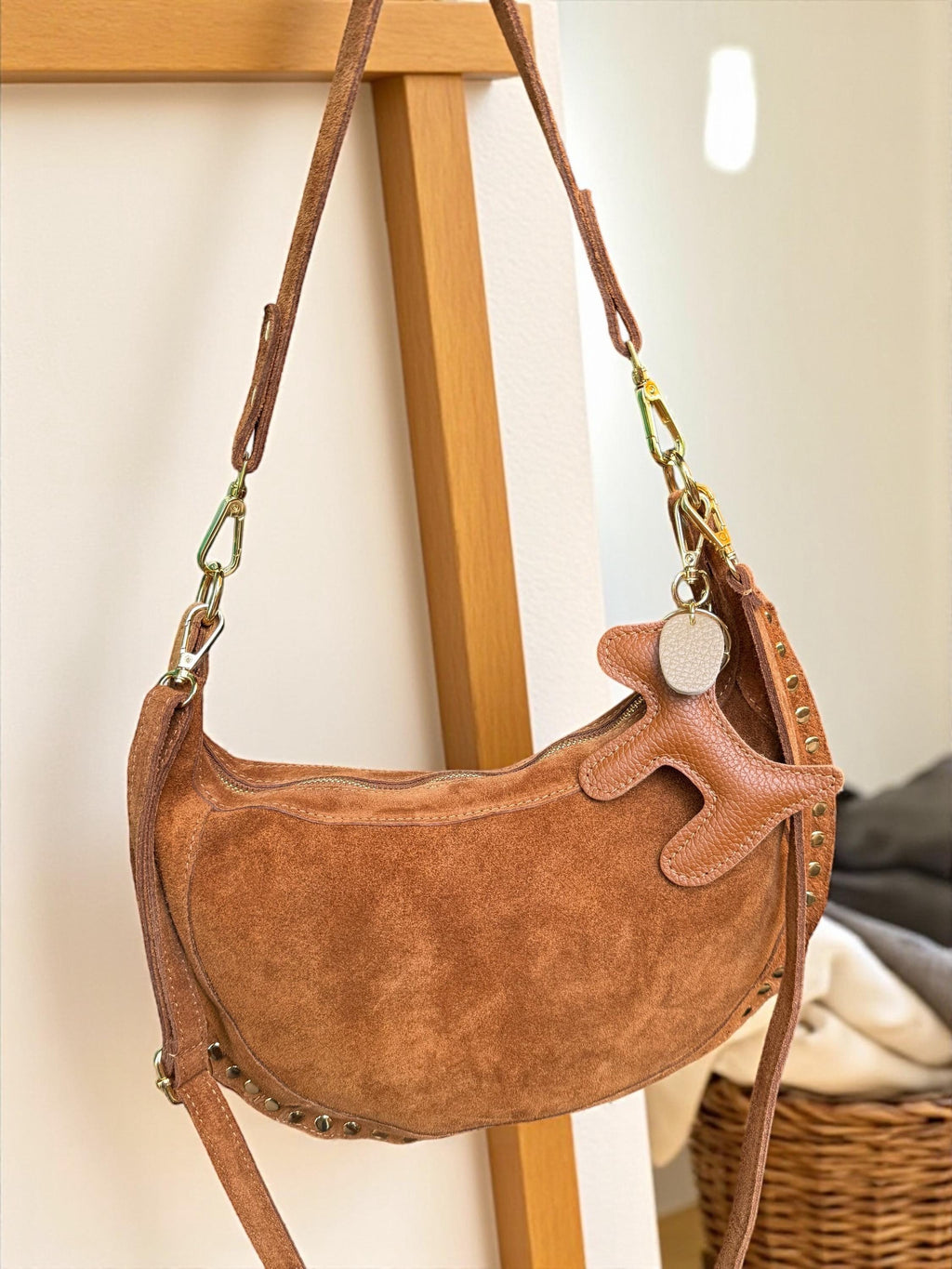 Camel Suede Crescent Shoulder Bag with Gold Studs