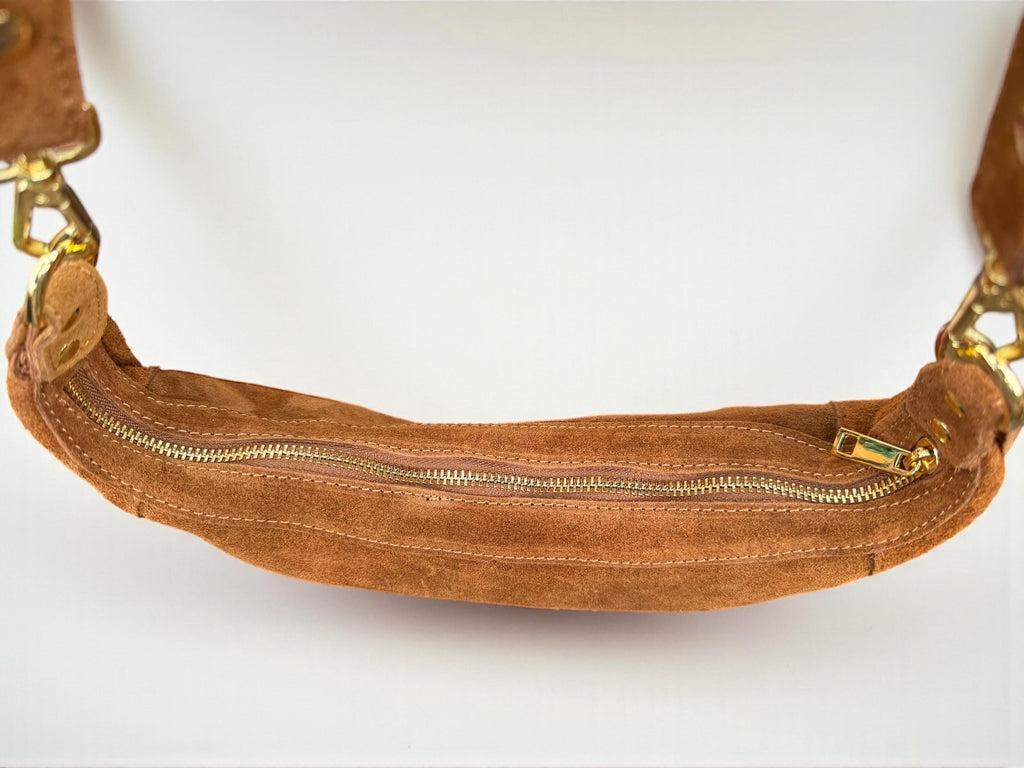 Camel Suede Crescent Shoulder Bag with Gold Studs