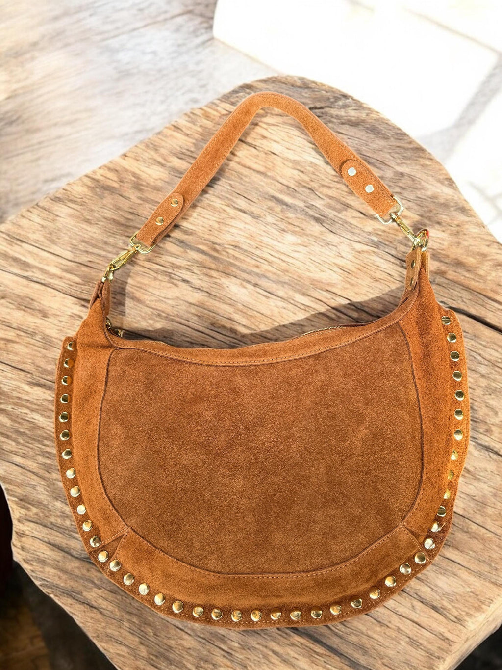 Camel Suede Crescent Shoulder Bag with Gold Studs