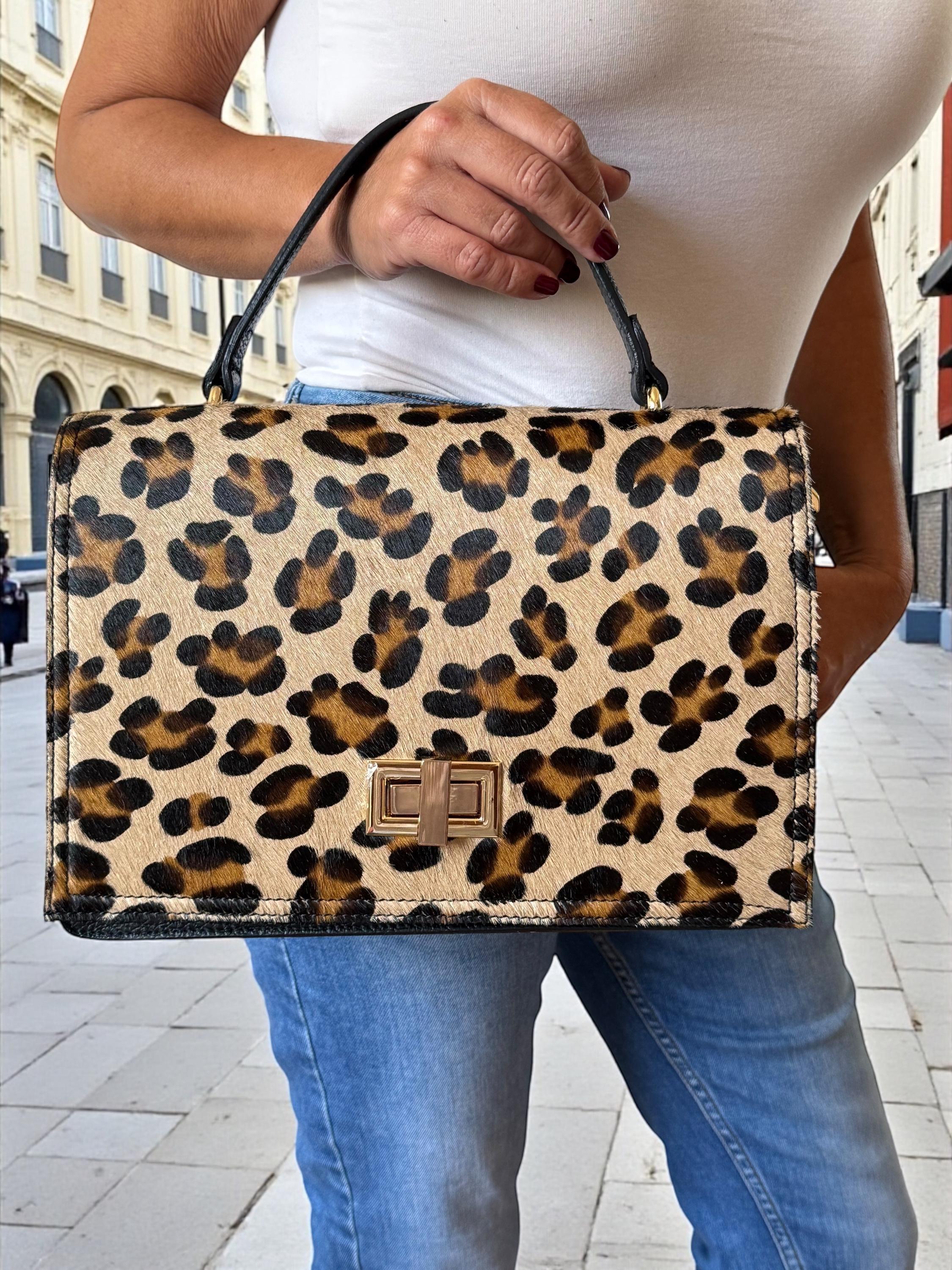 Satchel in Leopard Pony Hair & Genuine Pebbled Leather