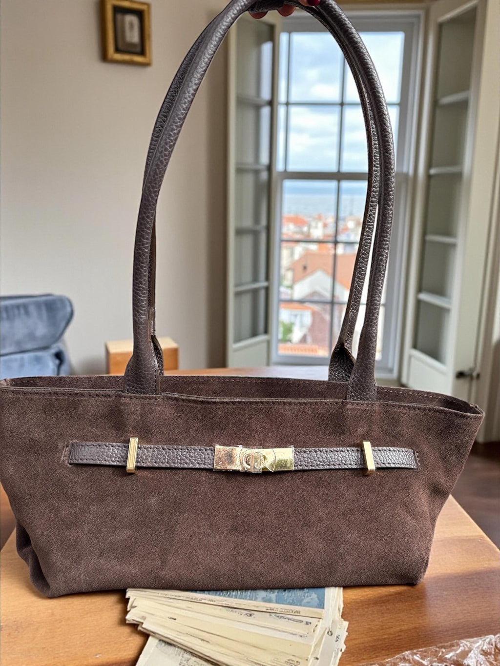 Dark Brown Genuine Suede Baguette