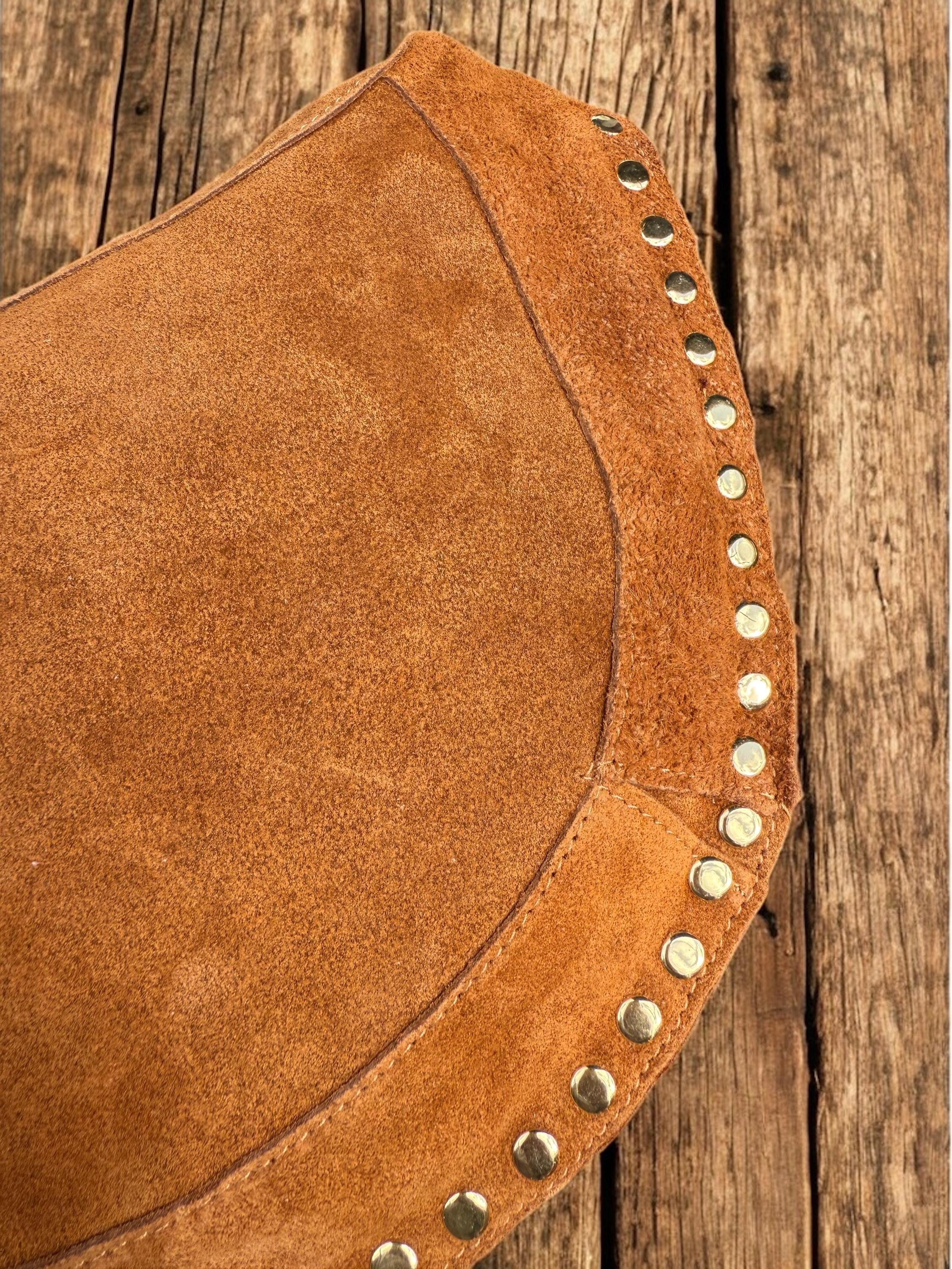 Camel Suede Crescent Shoulder Bag with Gold Studs