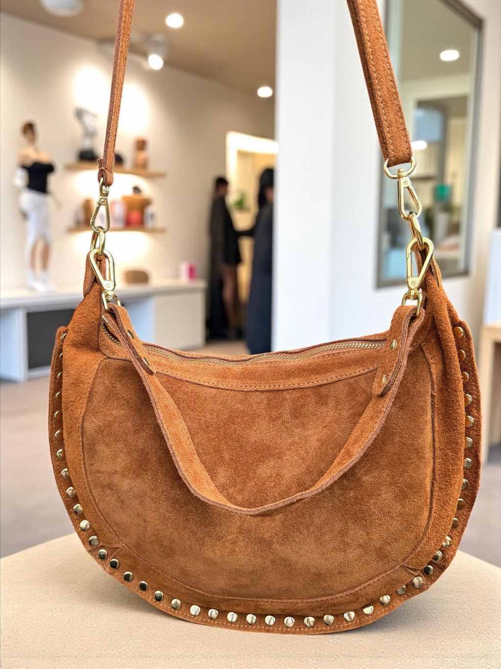 Camel Suede Crescent Shoulder Bag with Gold Studs