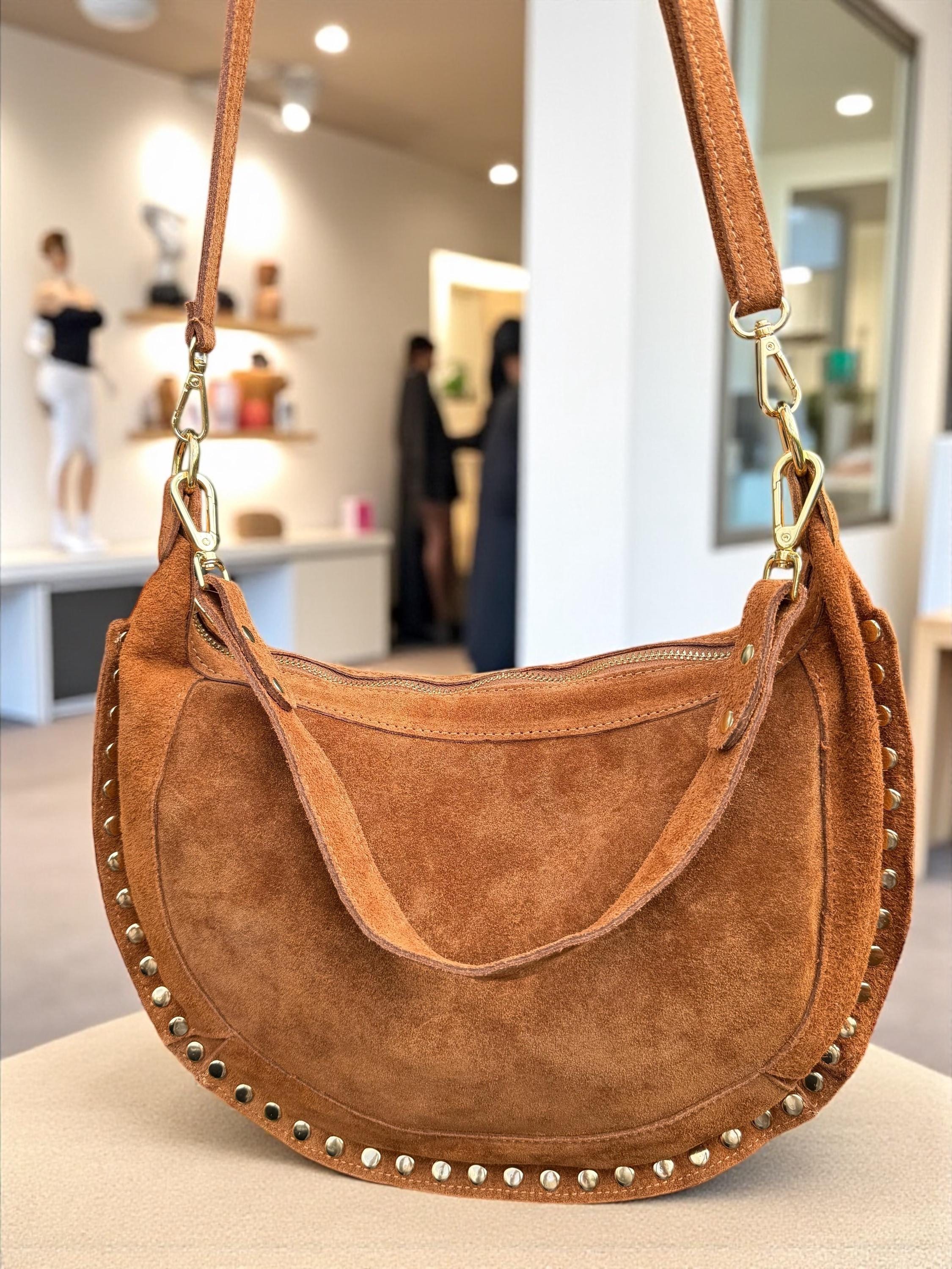 Camel Suede Crescent Shoulder Bag with Gold Studs