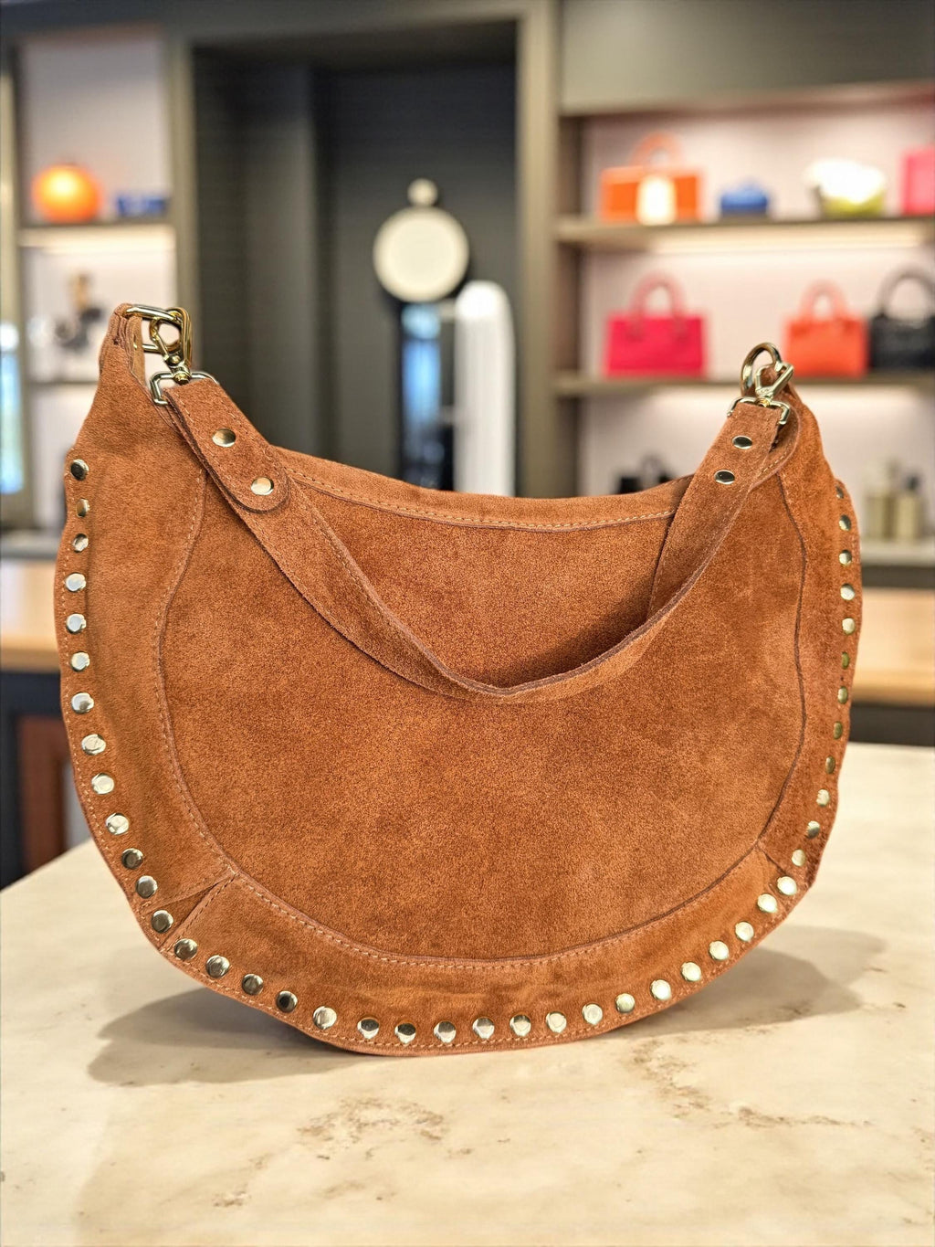 Camel Suede Crescent Shoulder Bag with Gold Studs