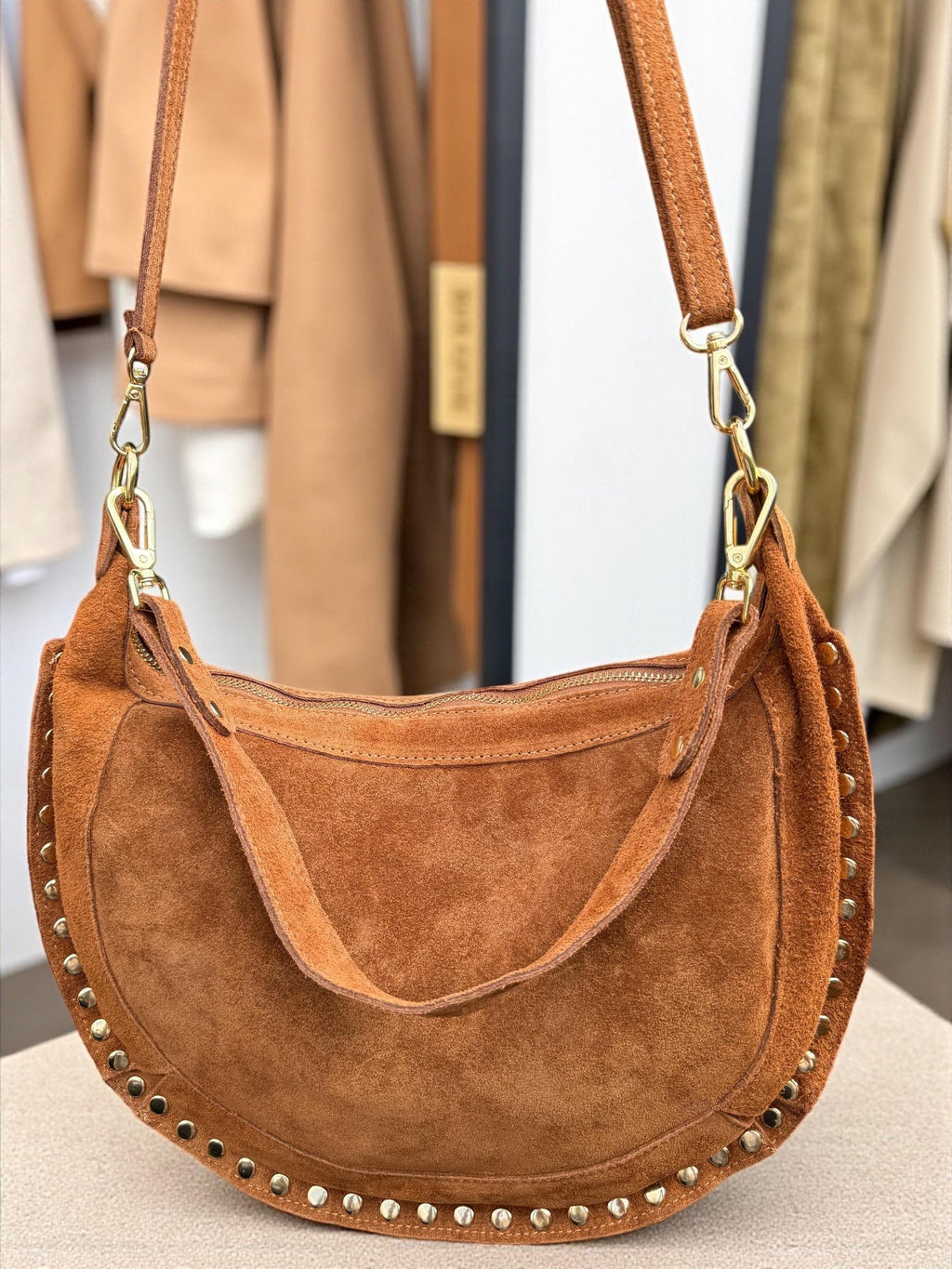 Camel Suede Crescent Shoulder Bag with Gold Studs