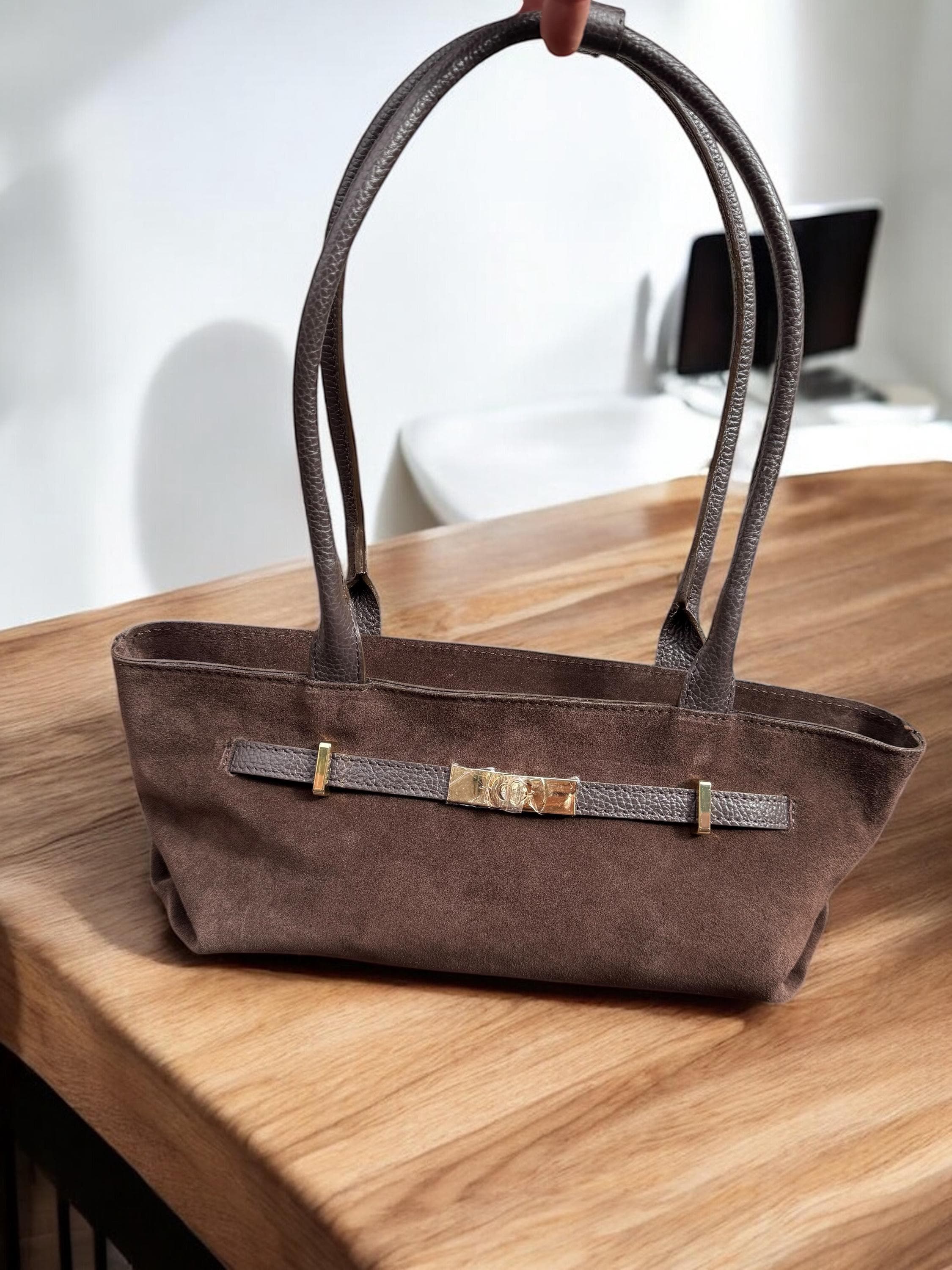 Dark Brown Genuine Suede Baguette