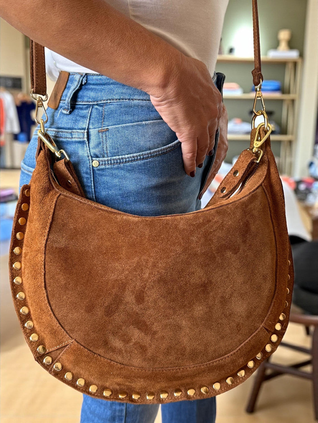 Camel Suede Crescent Shoulder Bag with Gold Studs