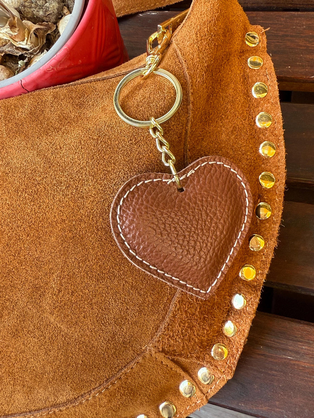 Camel Suede Crescent Shoulder Bag with Gold Studs