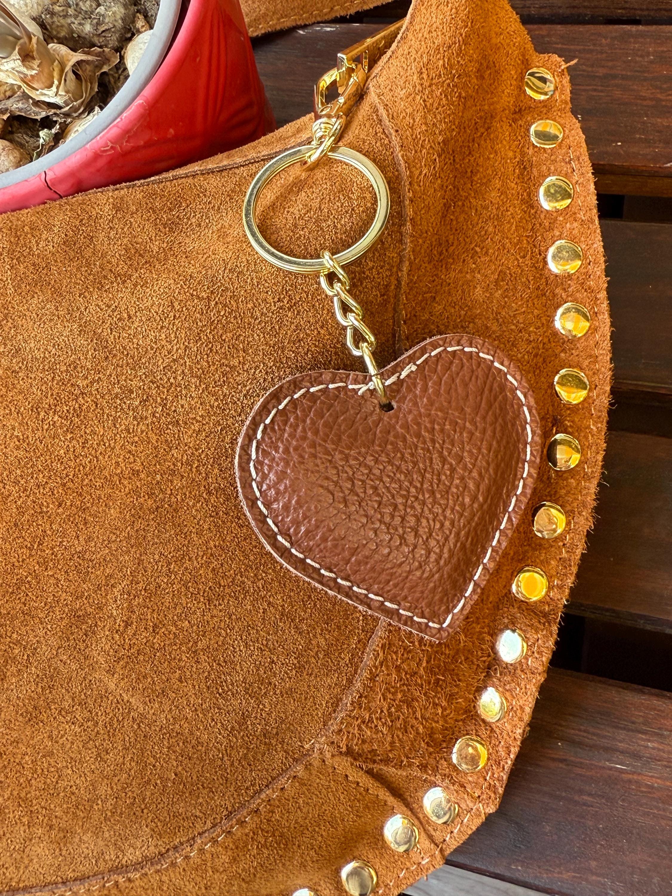 Camel Suede Crescent Shoulder Bag with Gold Studs