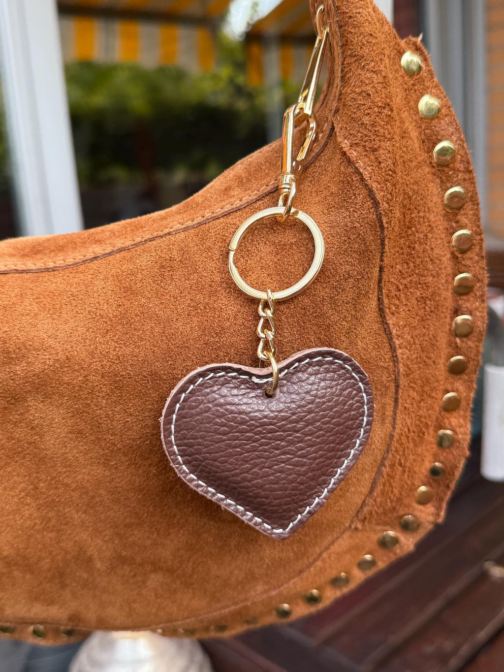 Camel Suede Crescent Shoulder Bag with Gold Studs