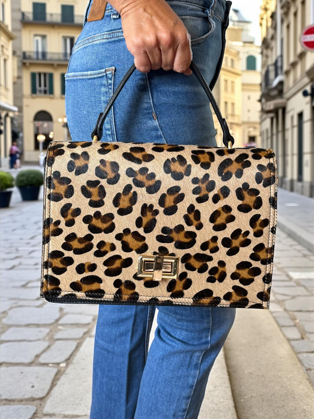 Satchel in Leopard Pony Hair & Genuine Pebbled Leather
