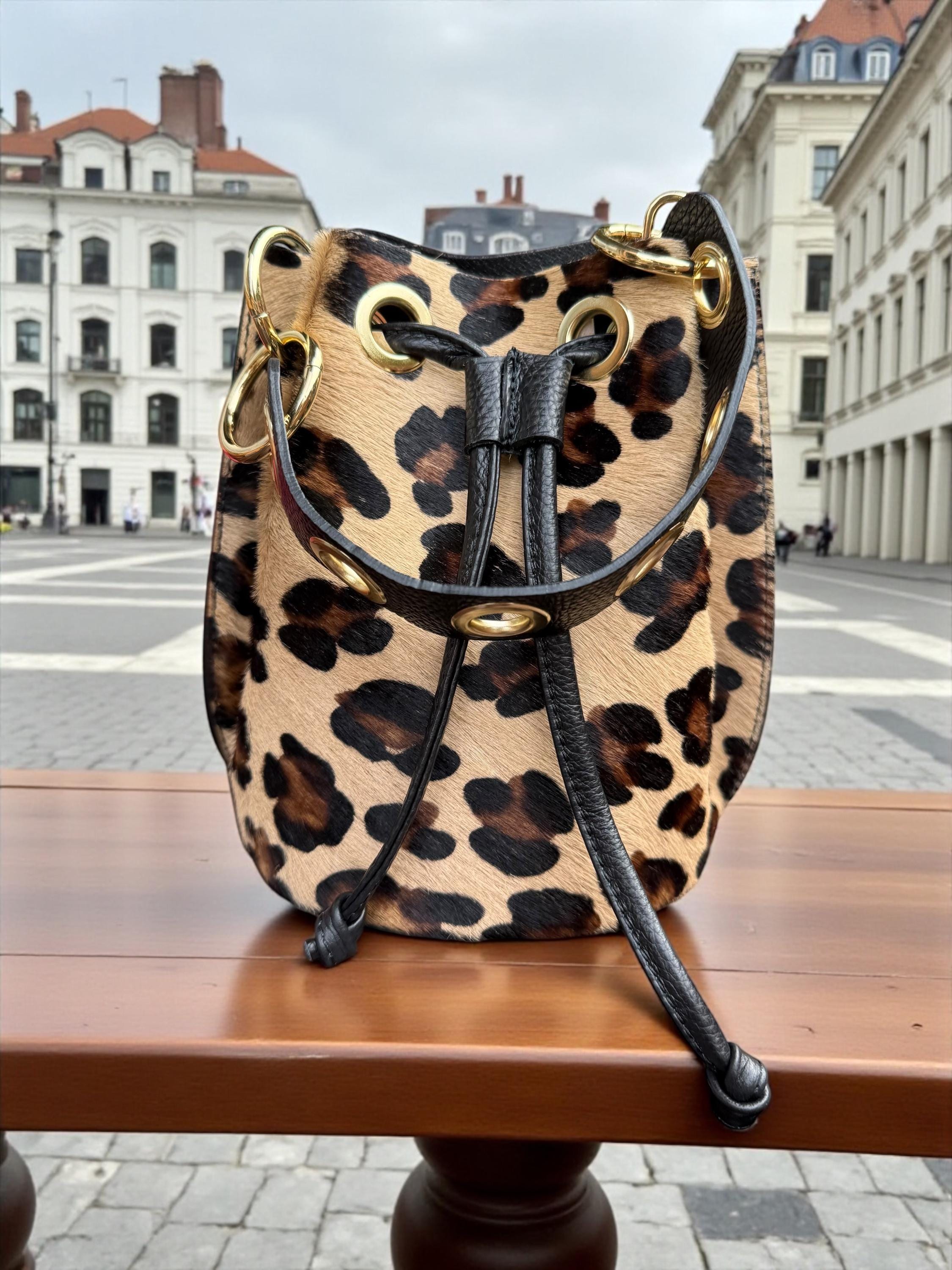 Leopard Pony Hair & Pebbled Leather Bucket