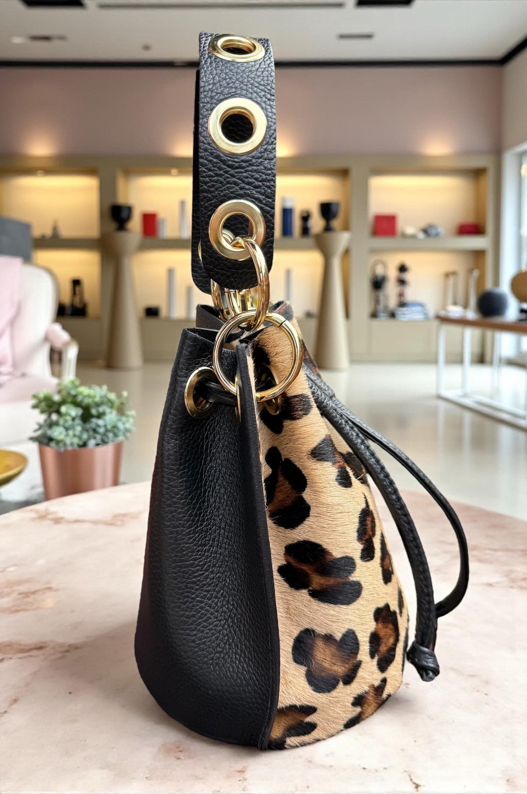 Leopard Pony Hair & Pebbled Leather Bucket