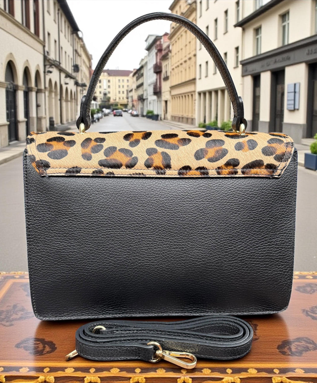 Satchel in Leopard Pony Hair & Genuine Pebbled Leather