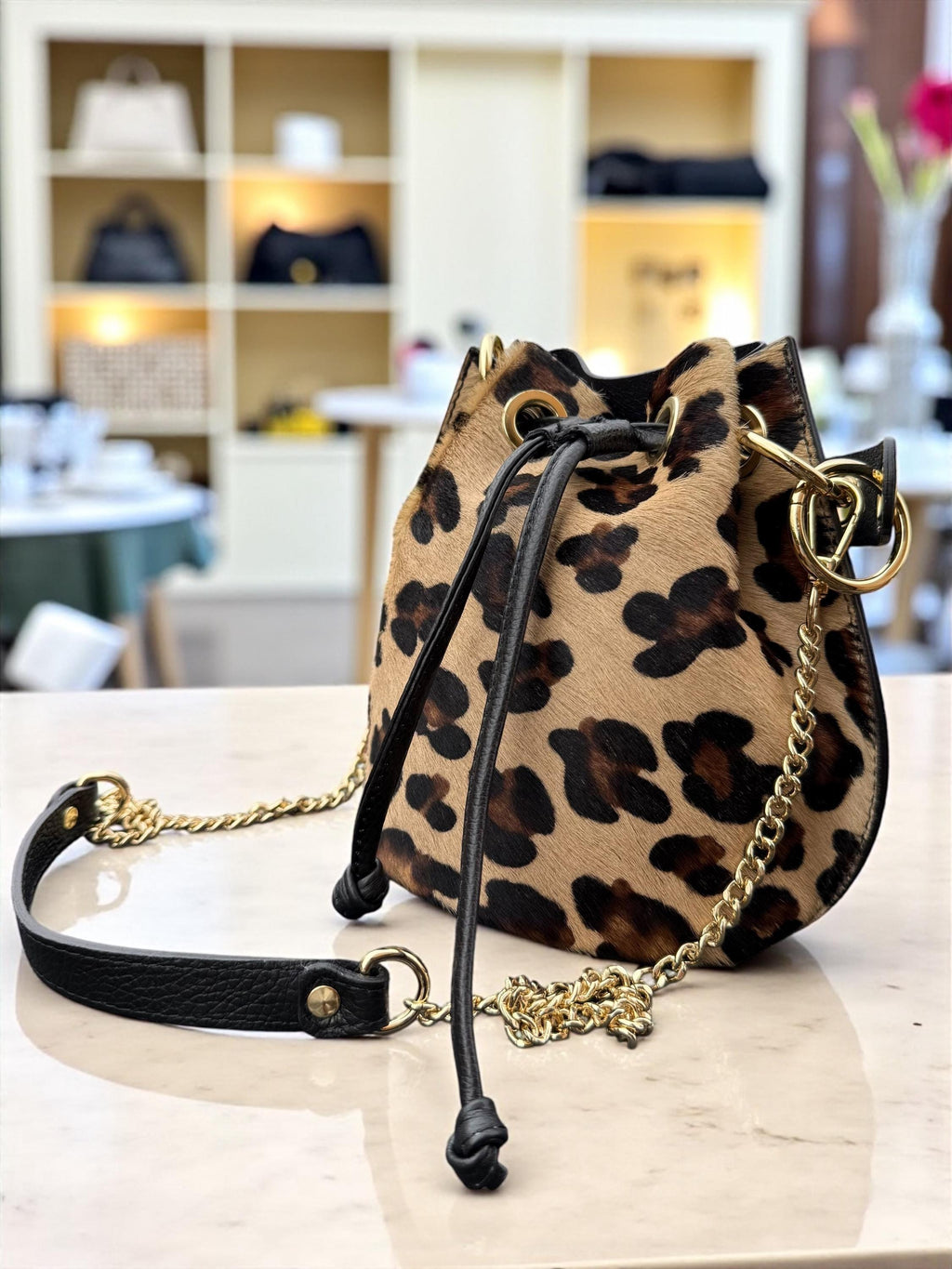 Leopard Pony Hair & Pebbled Leather Bucket