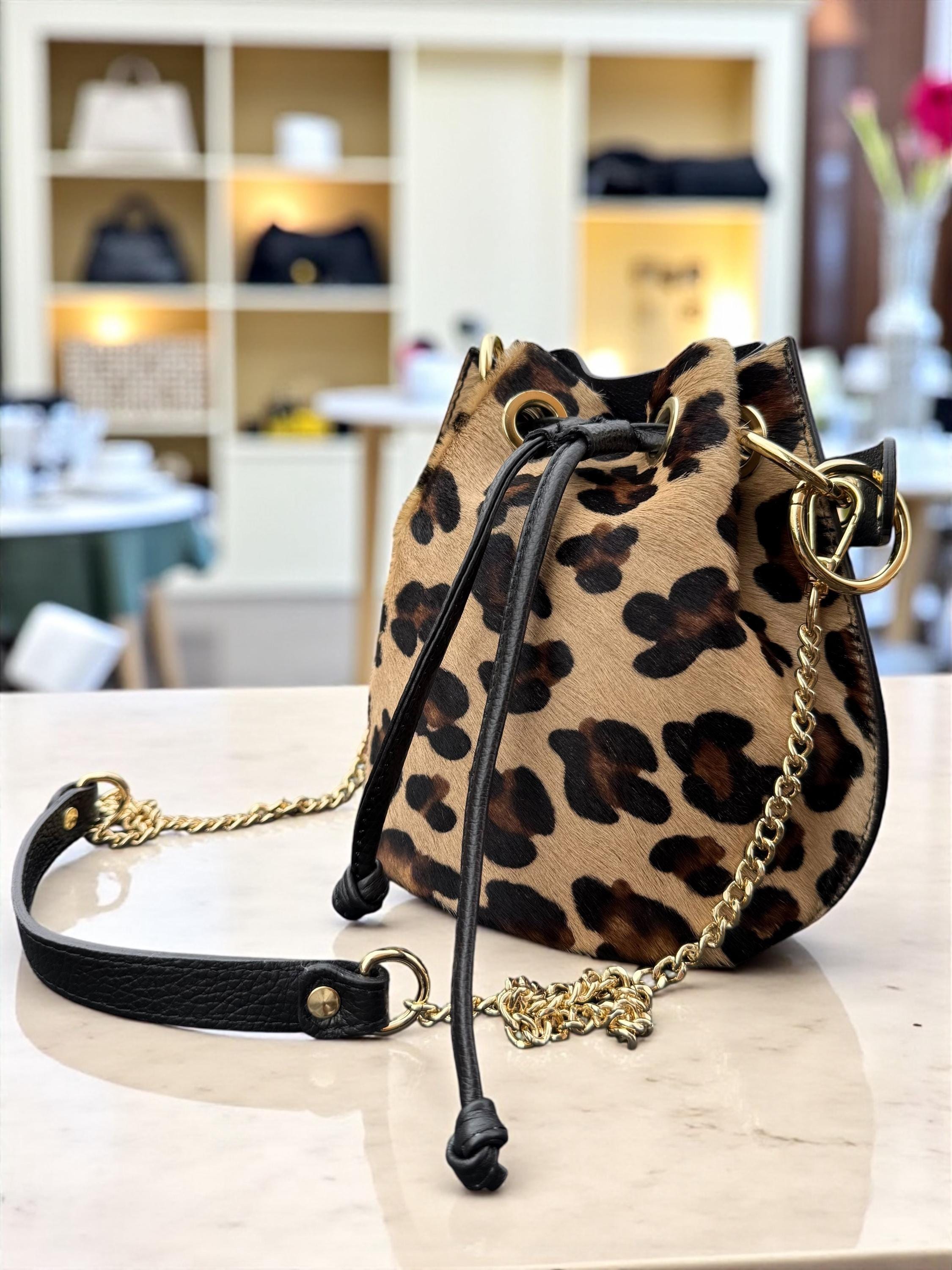 Leopard Pony Hair & Pebbled Leather Bucket