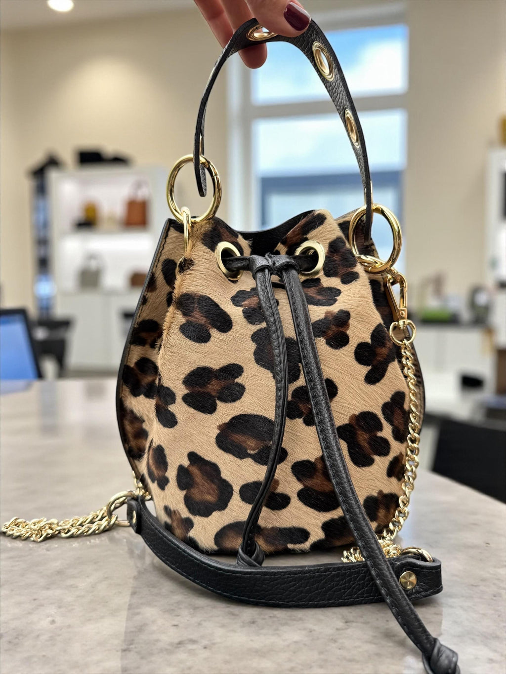 Leopard Pony Hair & Pebbled Leather Bucket