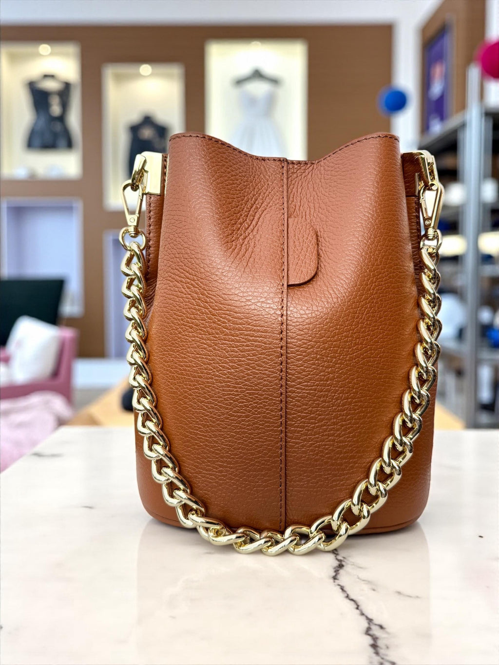 Genuine Leather Camel Brown Bucket Bag - gold chain