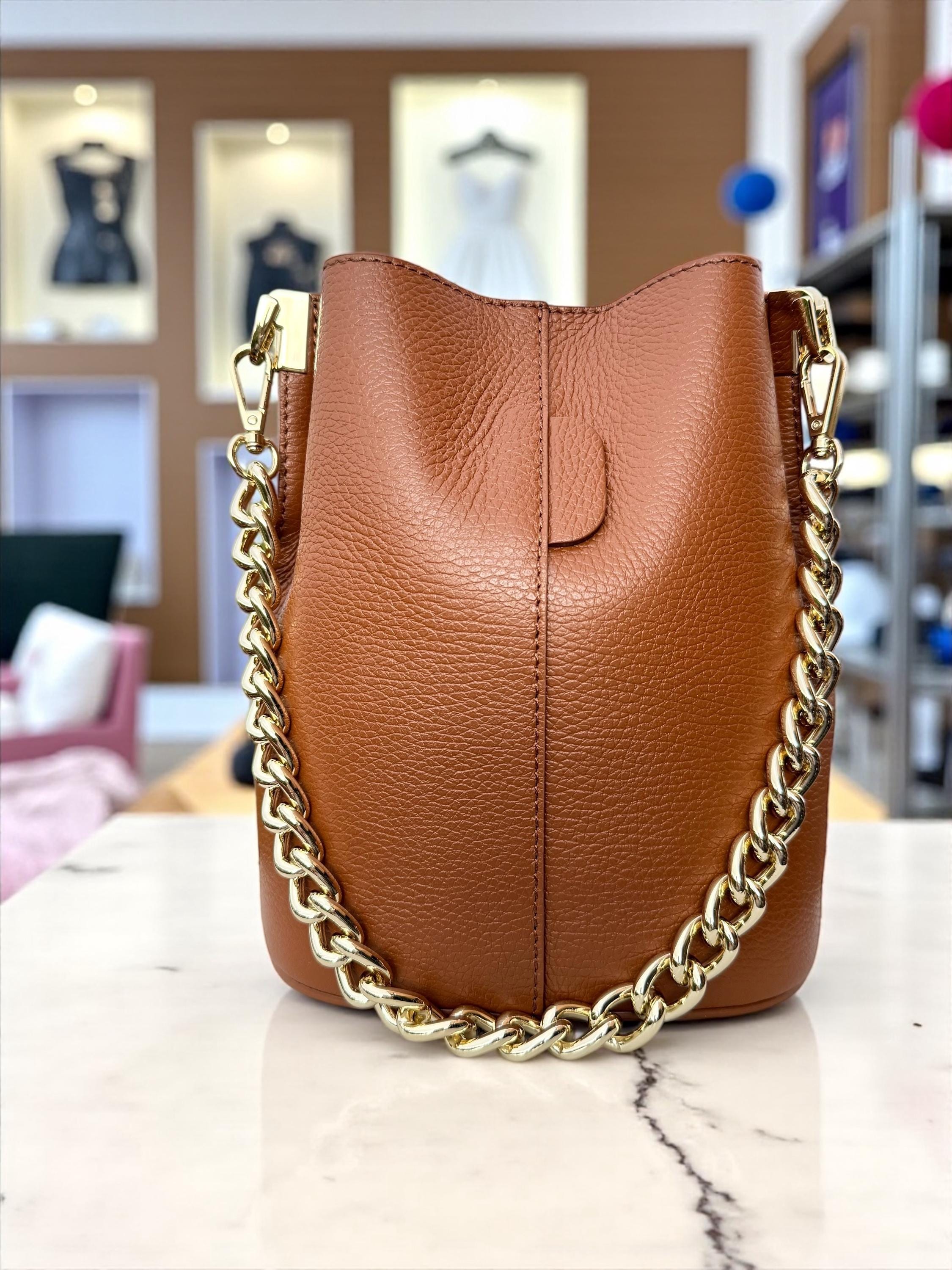 Genuine Leather Camel Brown Bucket Bag - gold chain