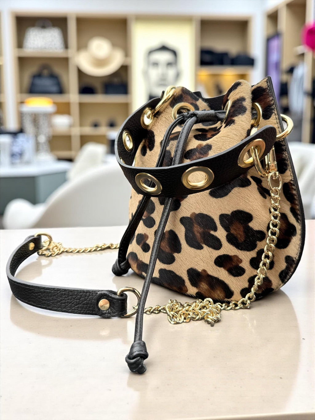 Leopard Pony Hair & Pebbled Leather Bucket