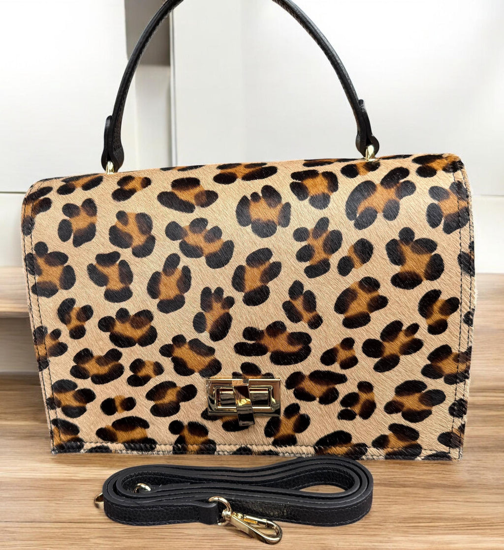 Satchel in Leopard Pony Hair & Genuine Pebbled Leather
