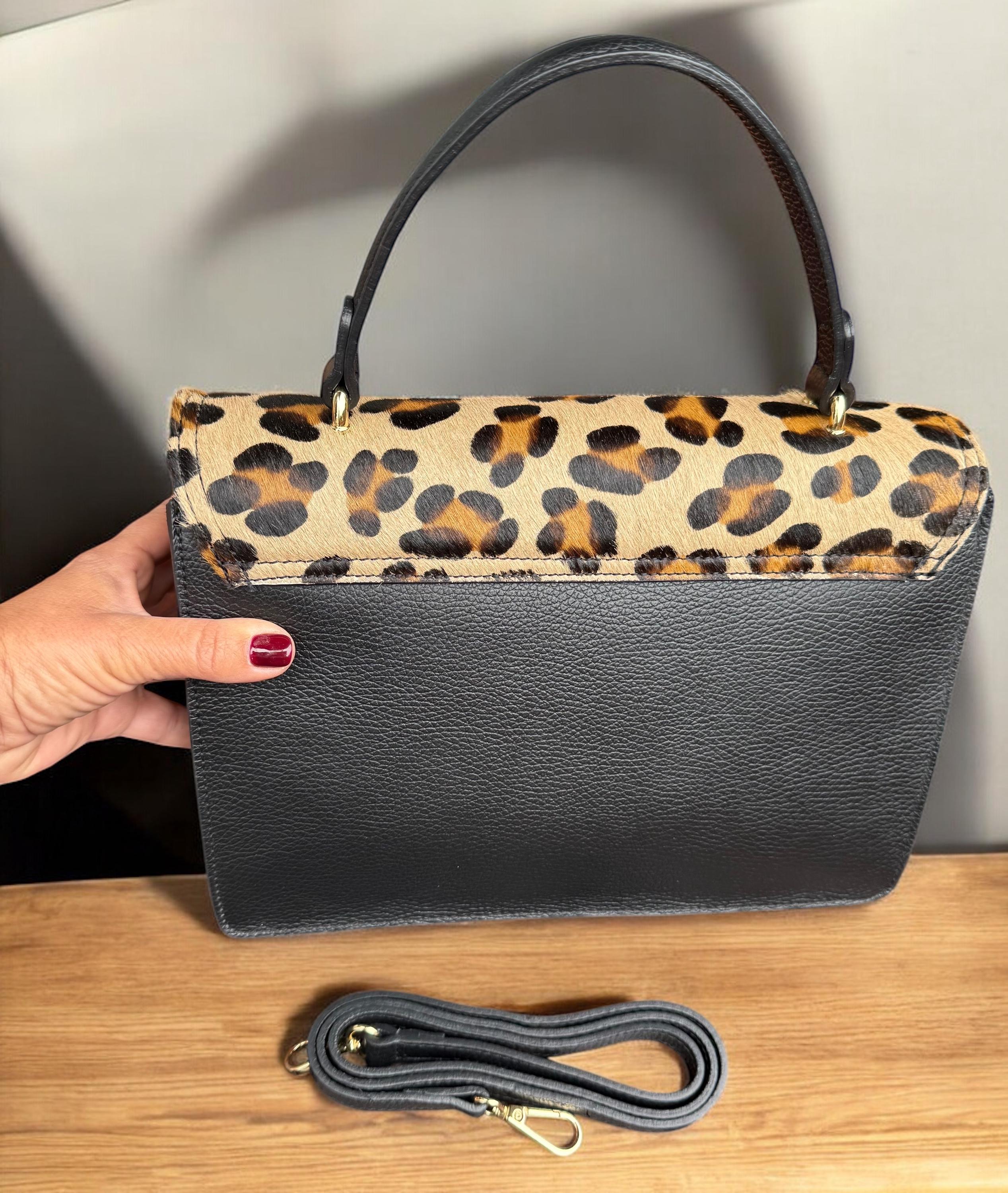 Satchel in Leopard Pony Hair & Genuine Pebbled Leather
