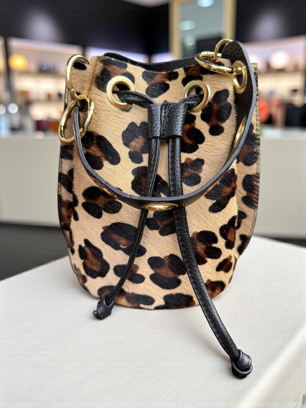 Leopard Pony Hair & Pebbled Leather Bucket