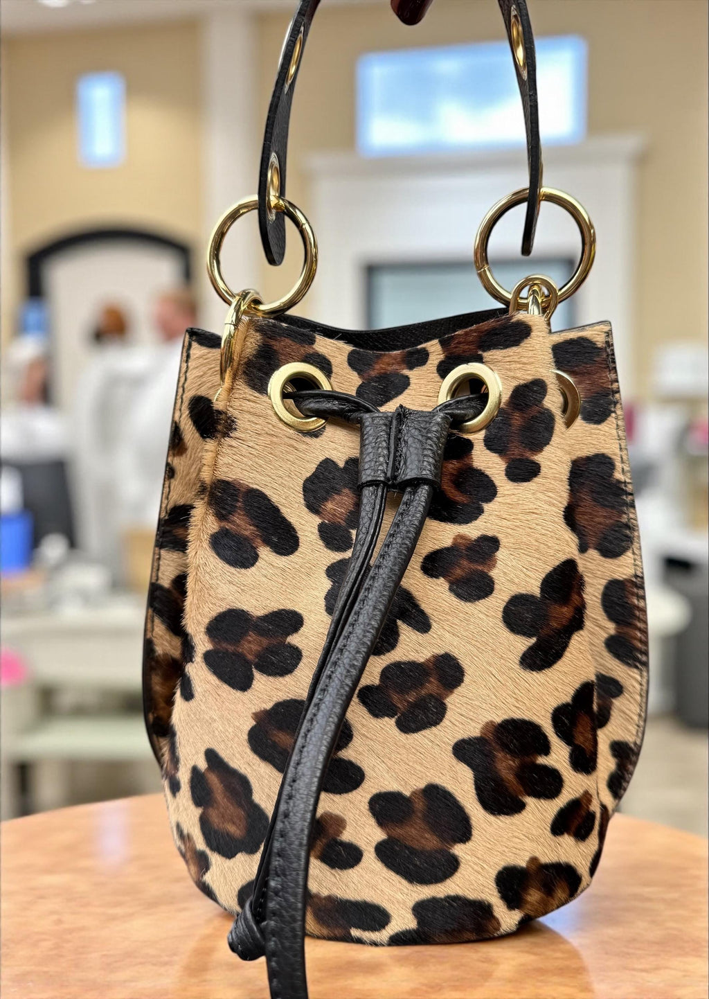 Leopard Pony Hair & Pebbled Leather Bucket