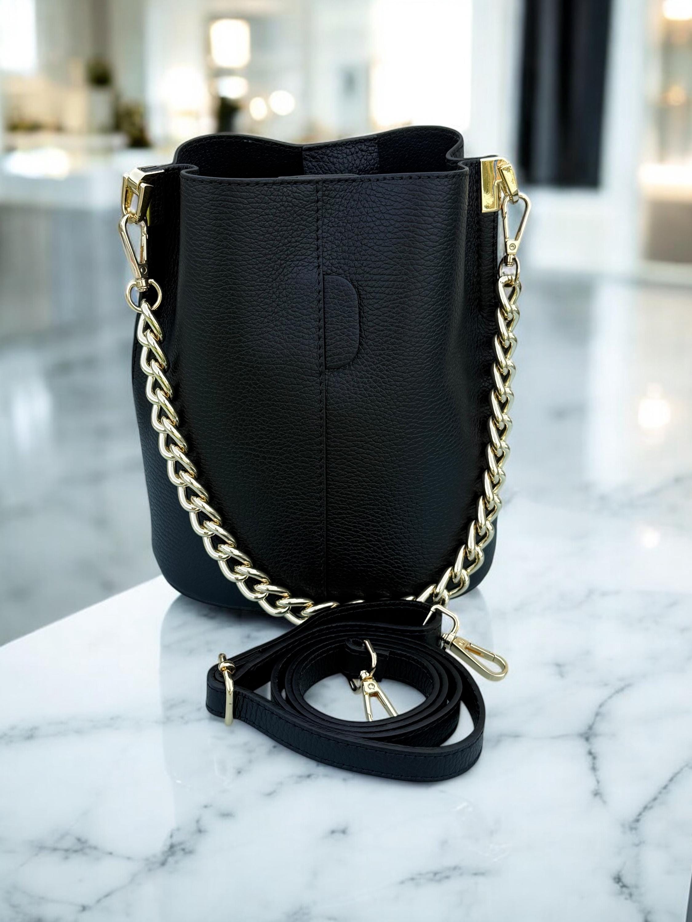 Genuine Leather Camel Brown Bucket Bag - gold chain