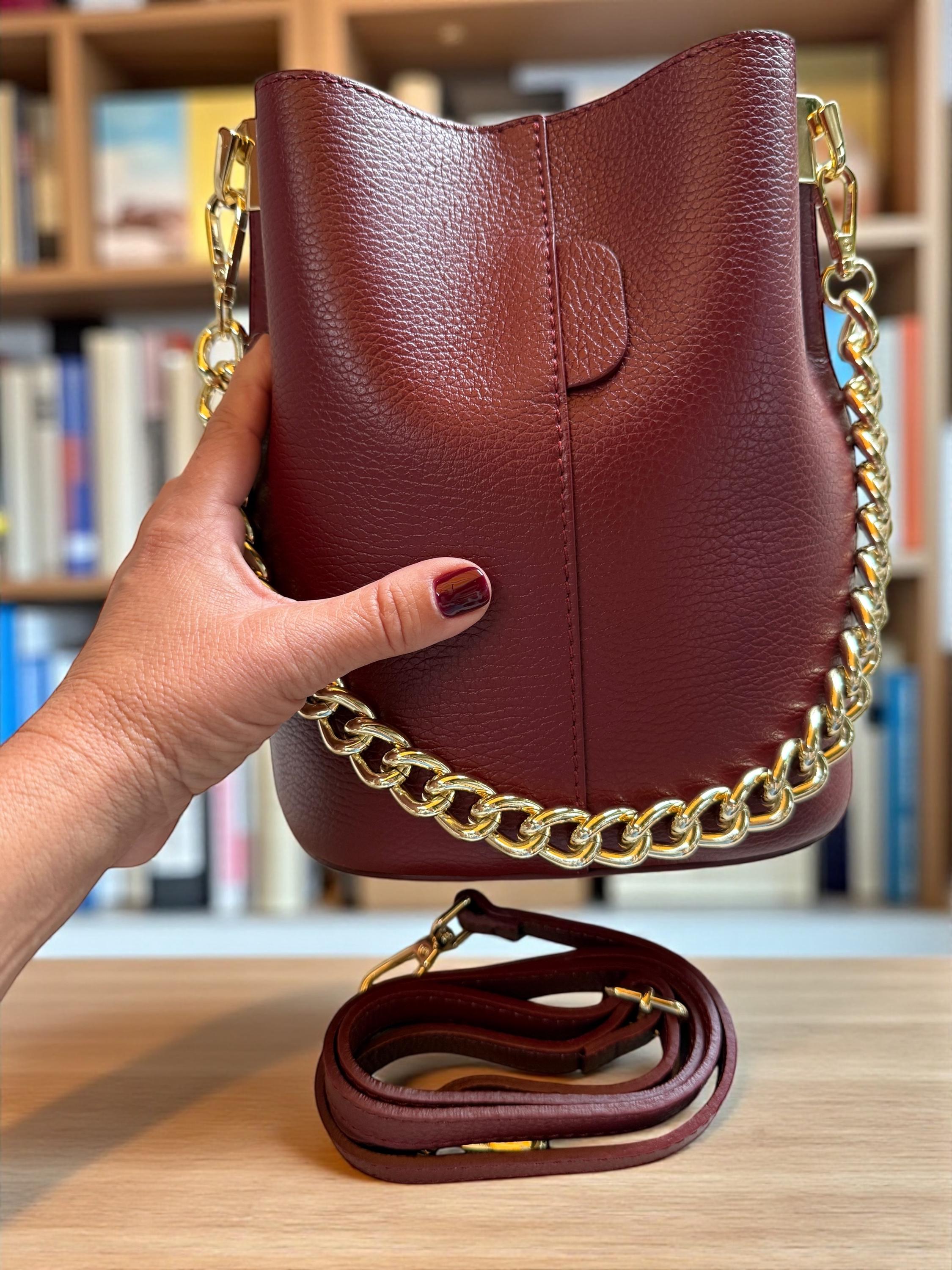 Genuine Leather Camel Brown Bucket Bag - gold chain