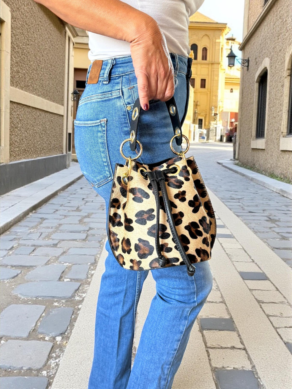Leopard Pony Hair & Pebbled Leather Bucket