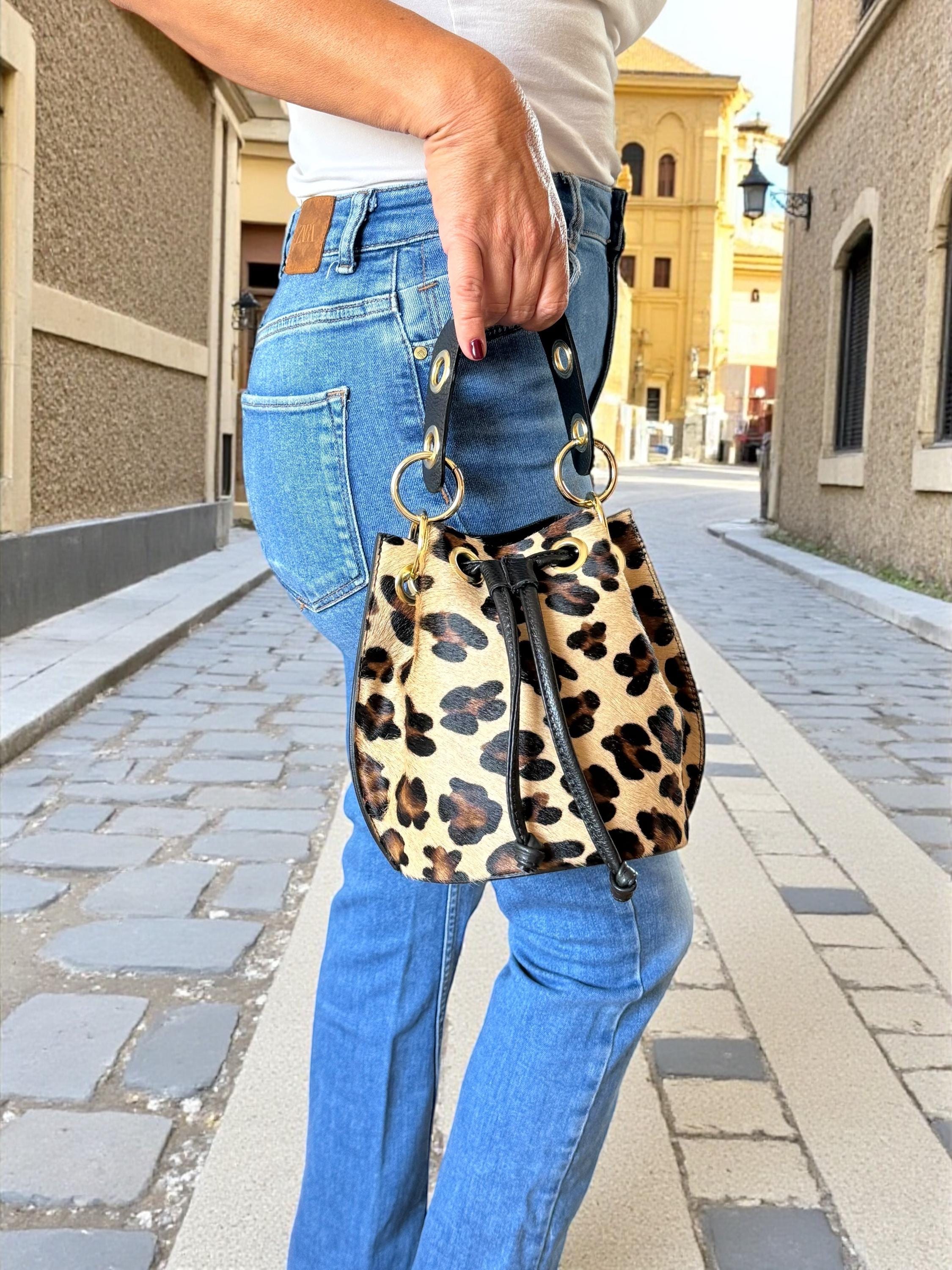 Leopard Pony Hair & Pebbled Leather Bucket