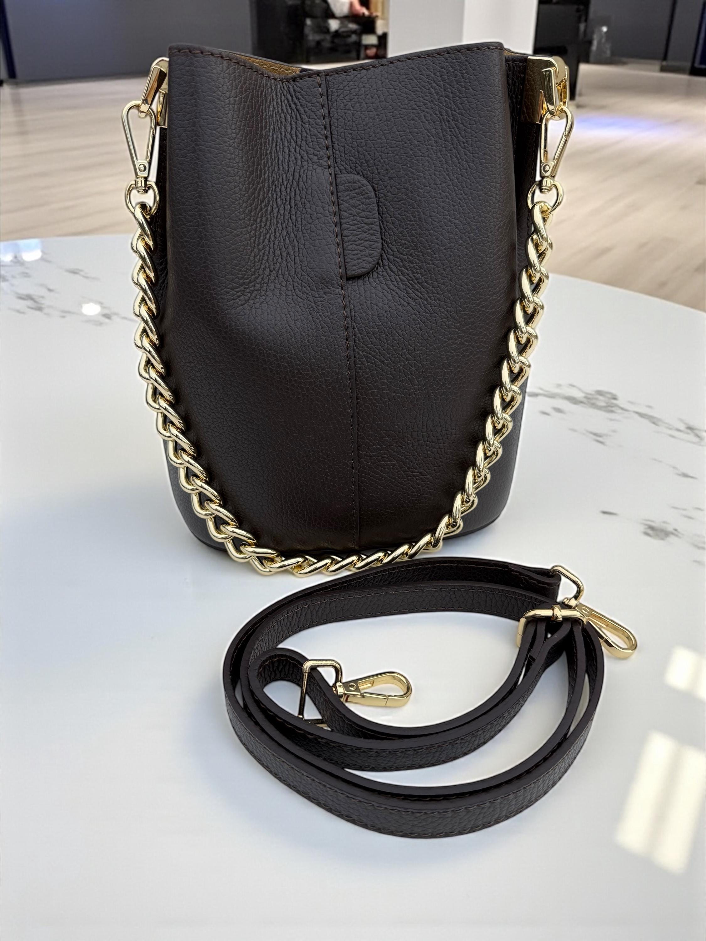 Genuine Leather Camel Brown Bucket Bag - gold chain