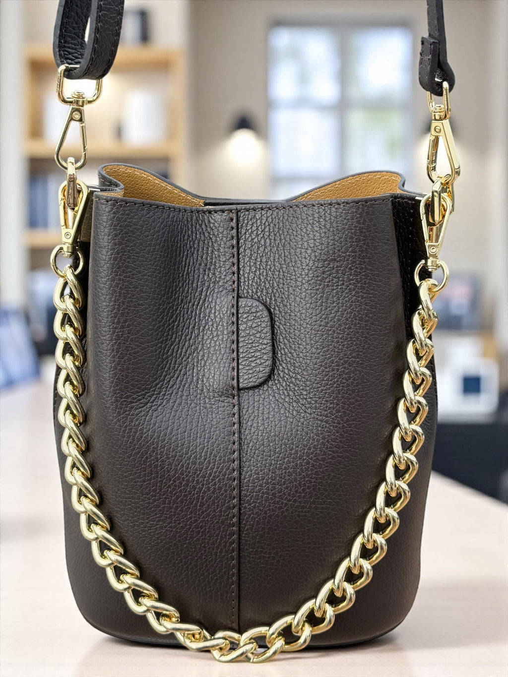 Genuine Leather Camel Brown Bucket Bag - gold chain
