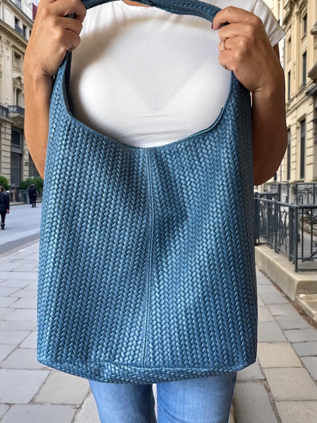 Woven Italian Genuine Leather Blue Hobo