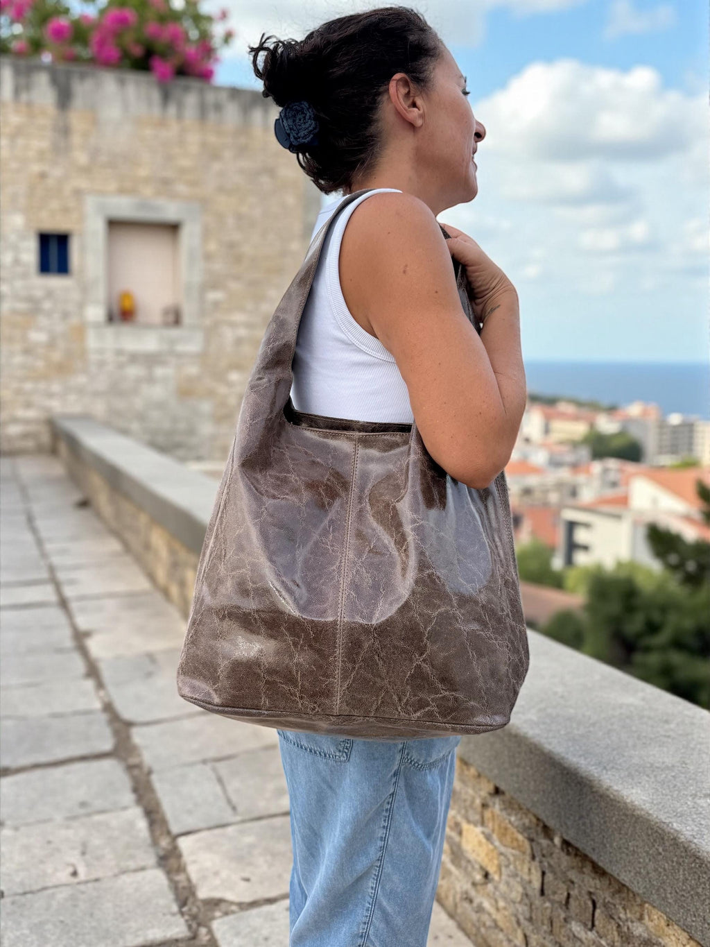 Genuine Leather Camel, brown, Blue boho hobo bag