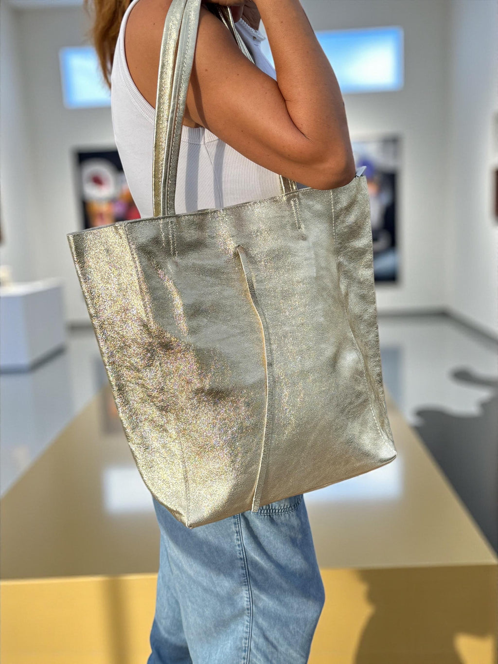 Large Metallic Italian Genuine Leather silver Tote Bag