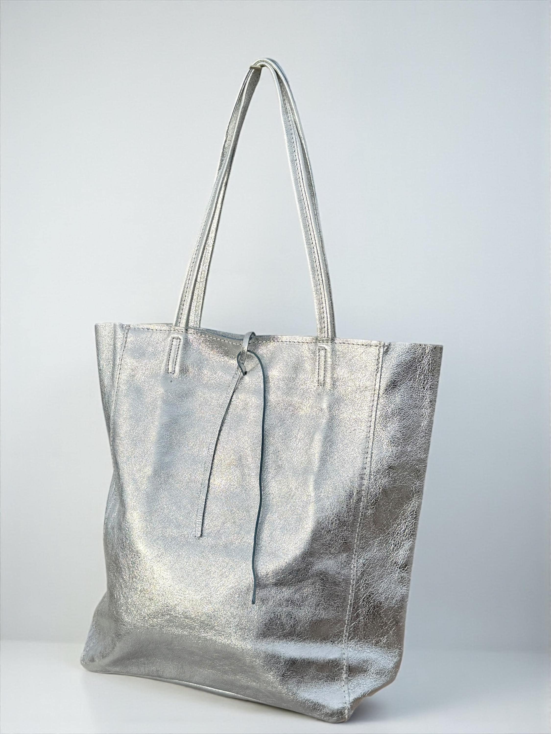 Large Metallic Italian Genuine Leather silver Tote Bag