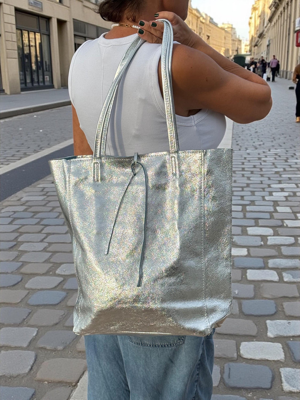 Large Metallic Italian Genuine Leather silver Tote Bag