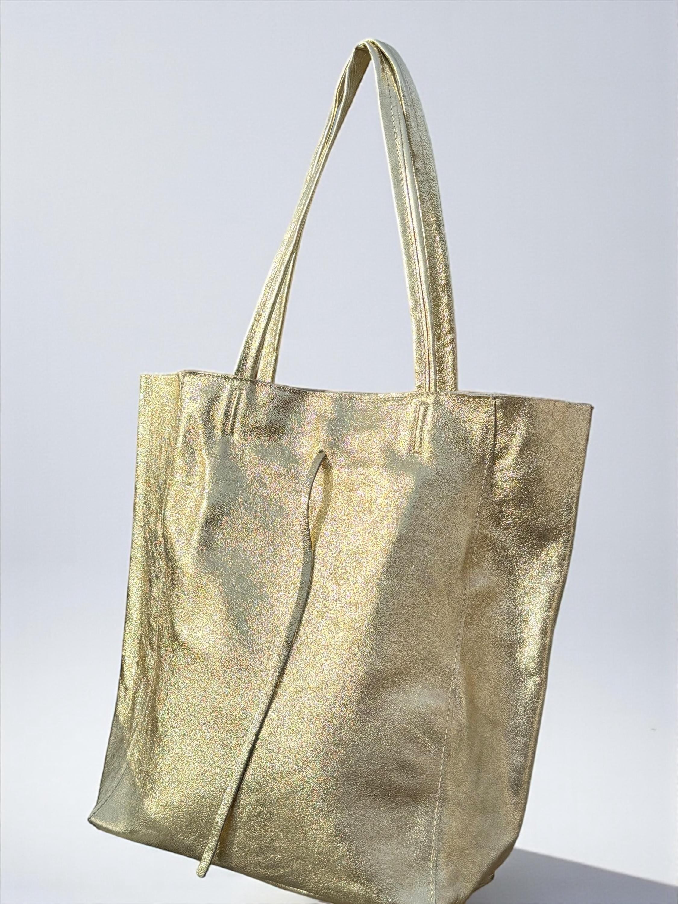 Large Metallic Italian Genuine Leather silver Tote Bag