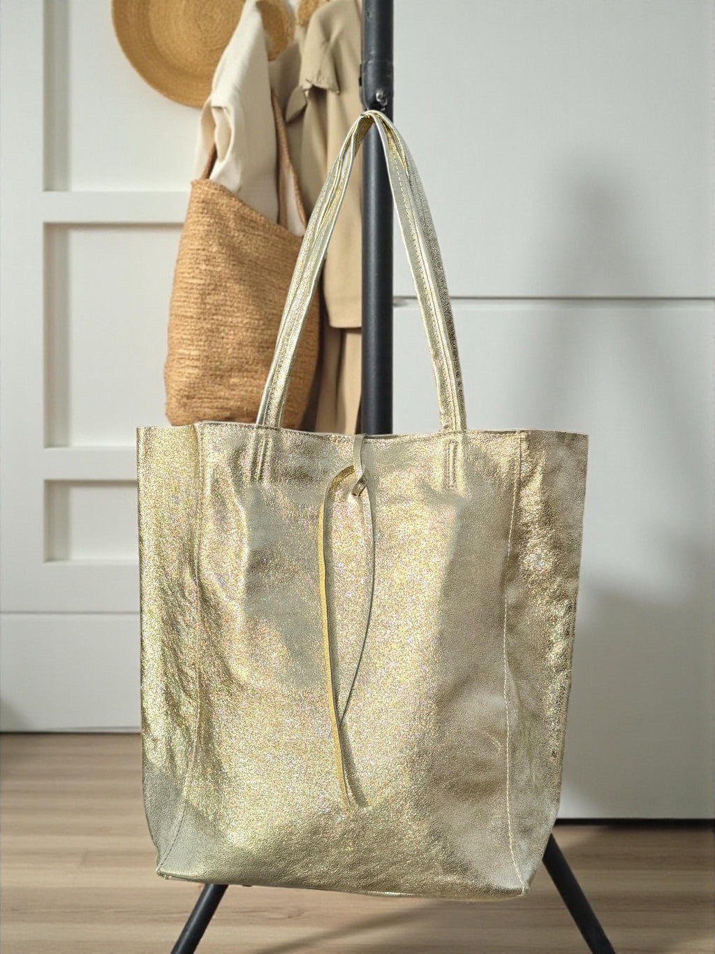 Large Metallic Italian Genuine Leather silver Tote Bag