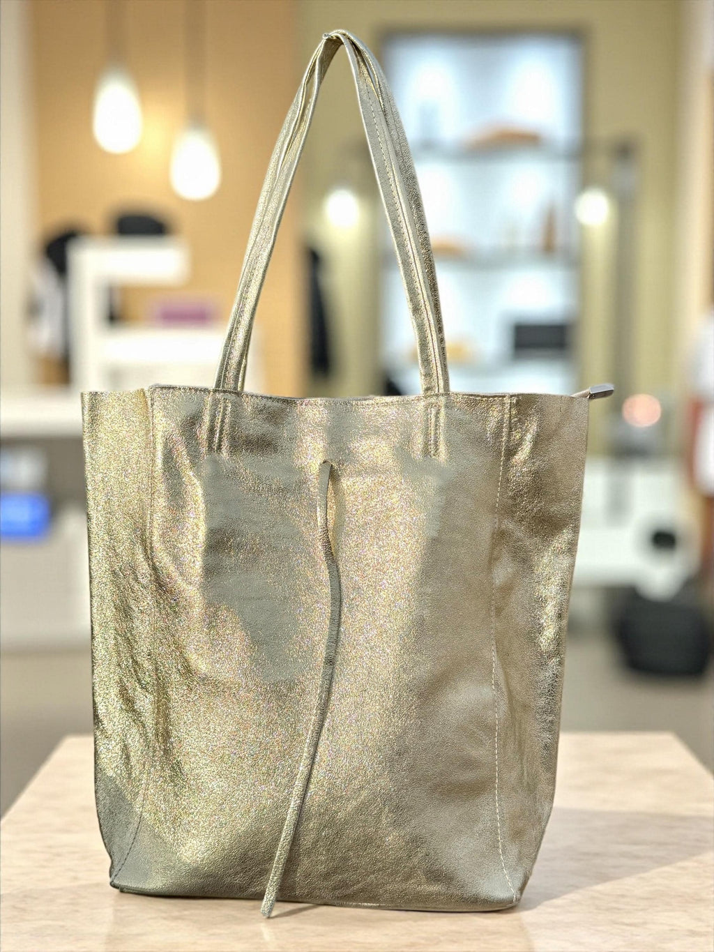 Large Metallic Italian Genuine Leather silver Tote Bag