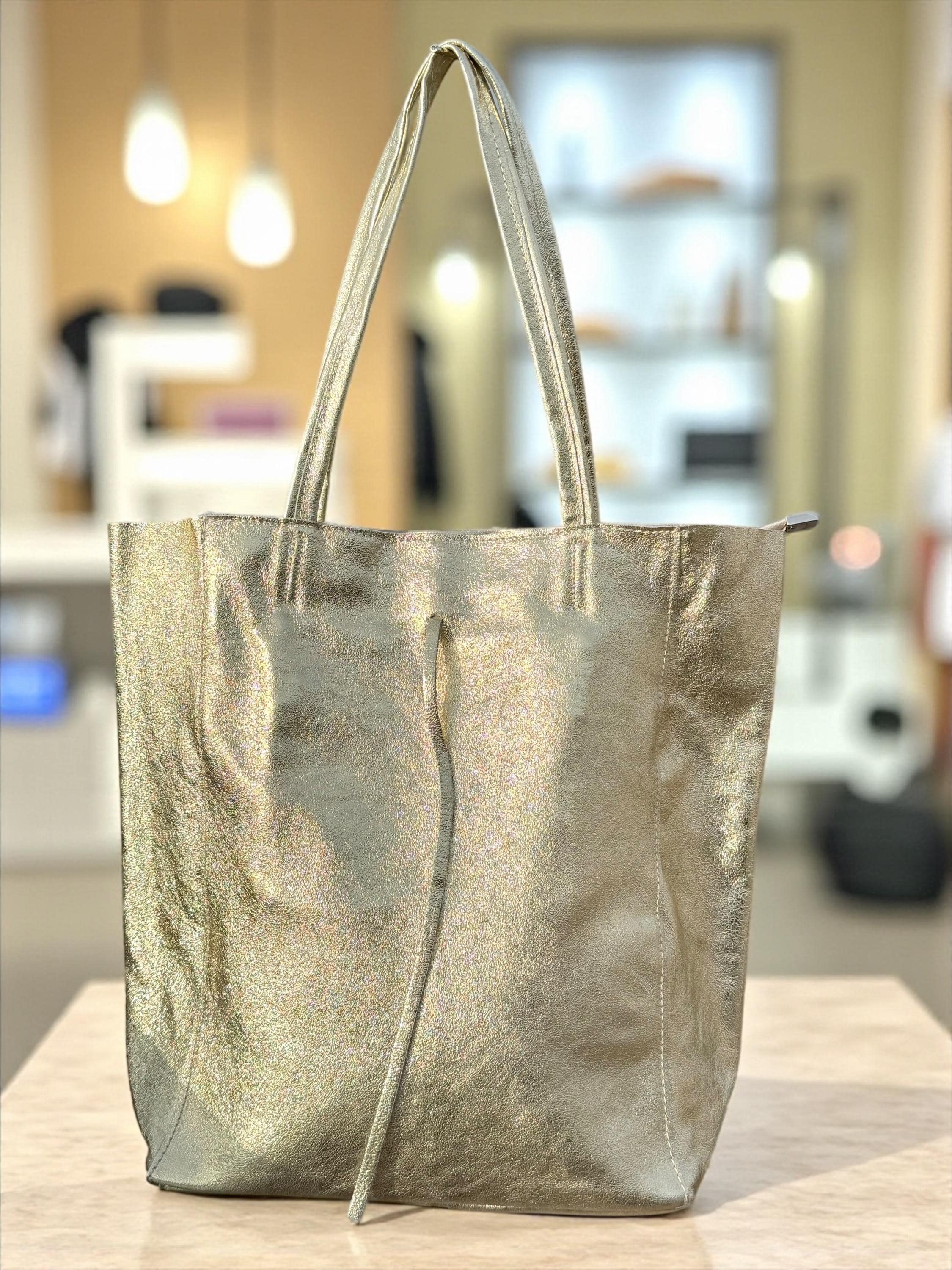 Large Metallic Italian Genuine Leather silver Tote Bag