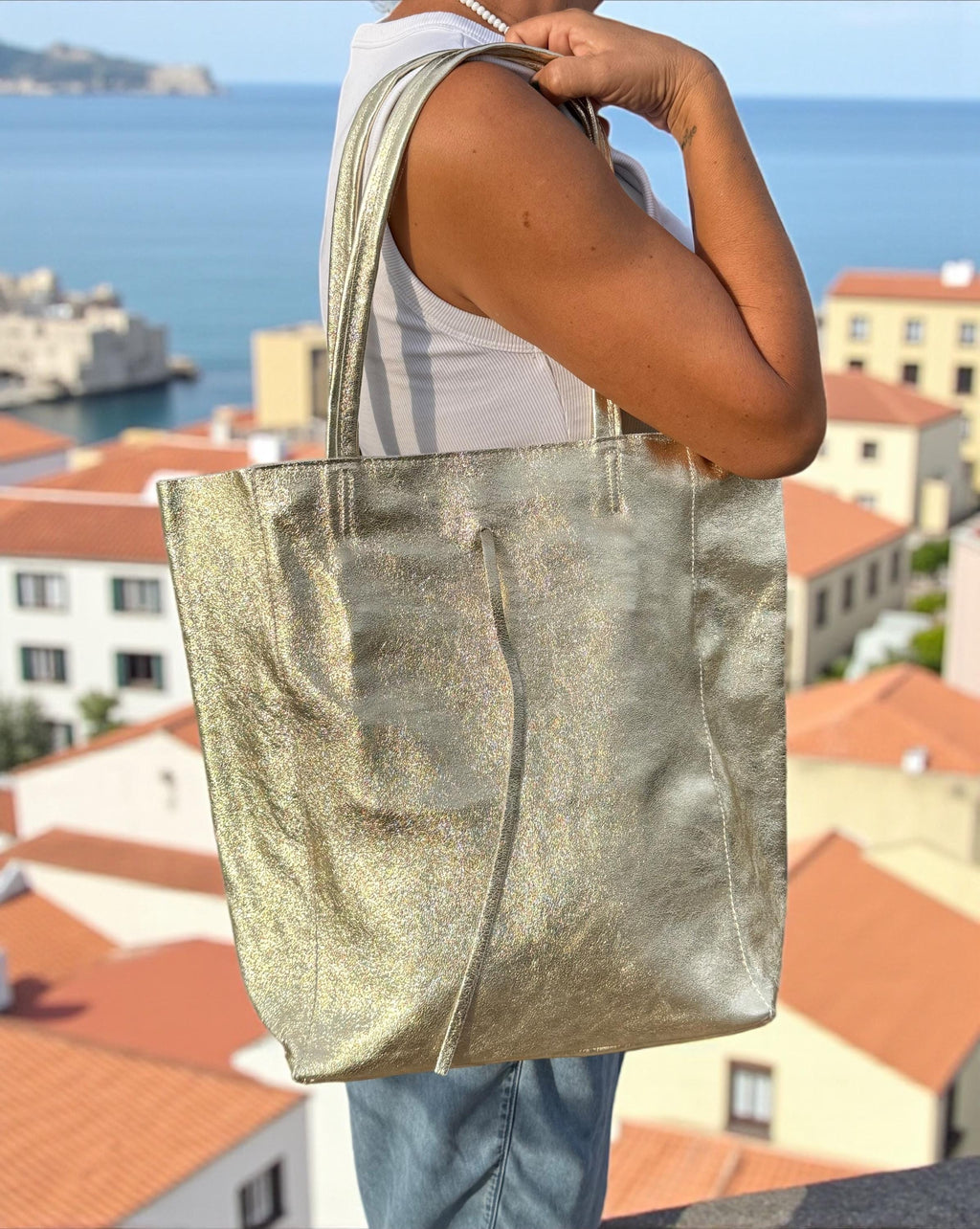 Large Metallic Italian Genuine Leather silver Tote Bag
