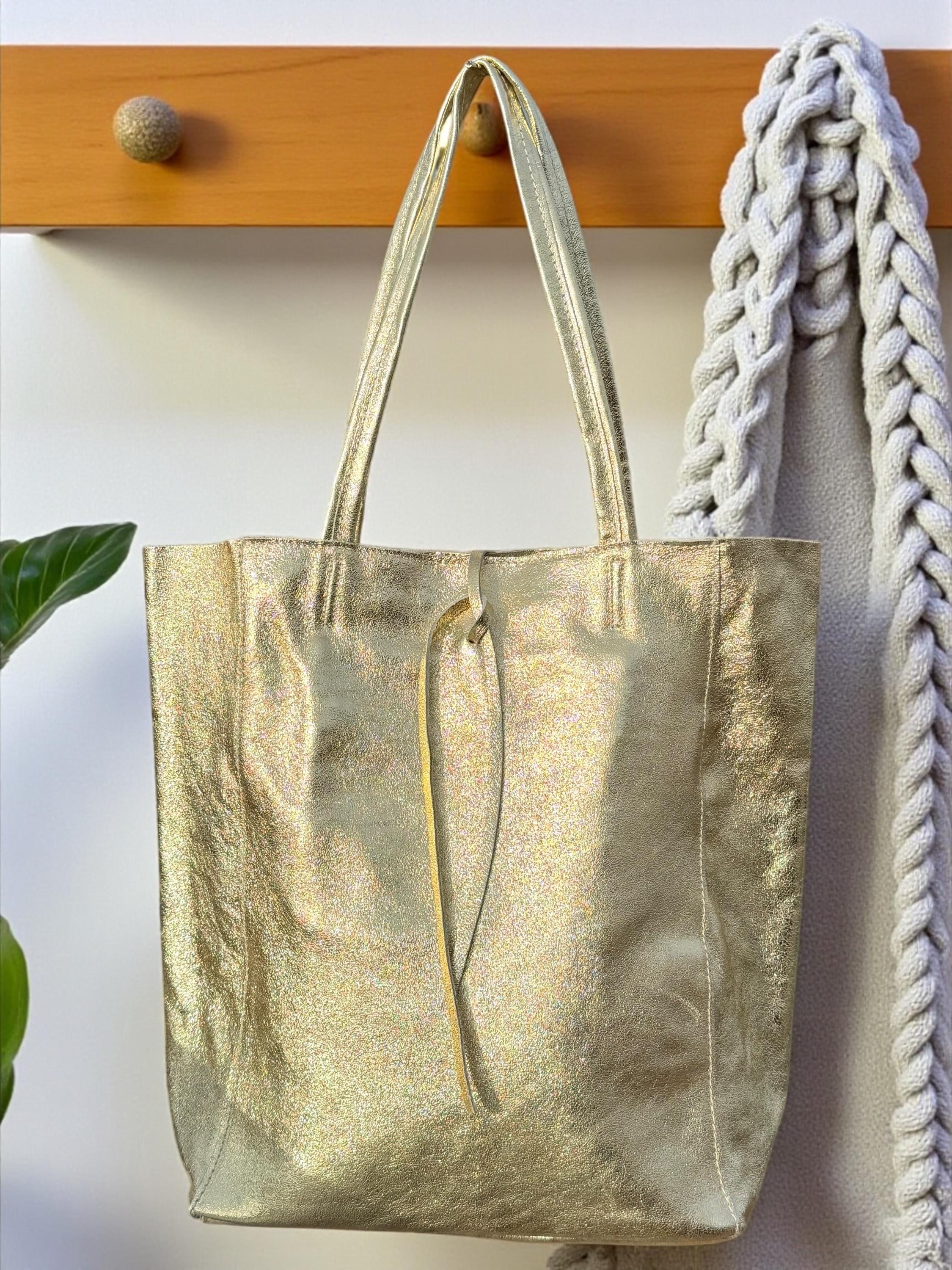 Large Metallic Italian Genuine Leather silver Tote Bag