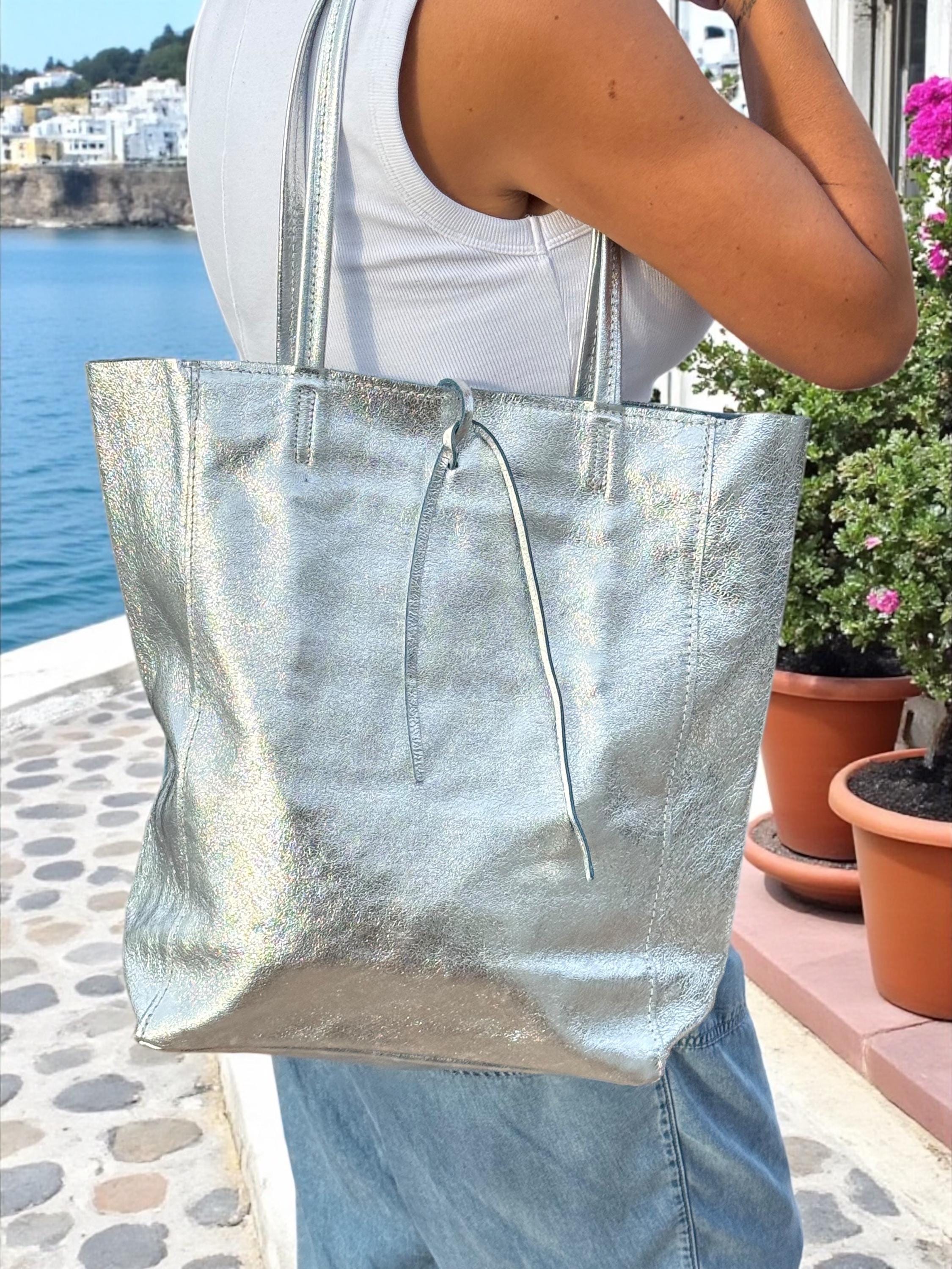 Large Metallic Italian Genuine Leather silver Tote Bag