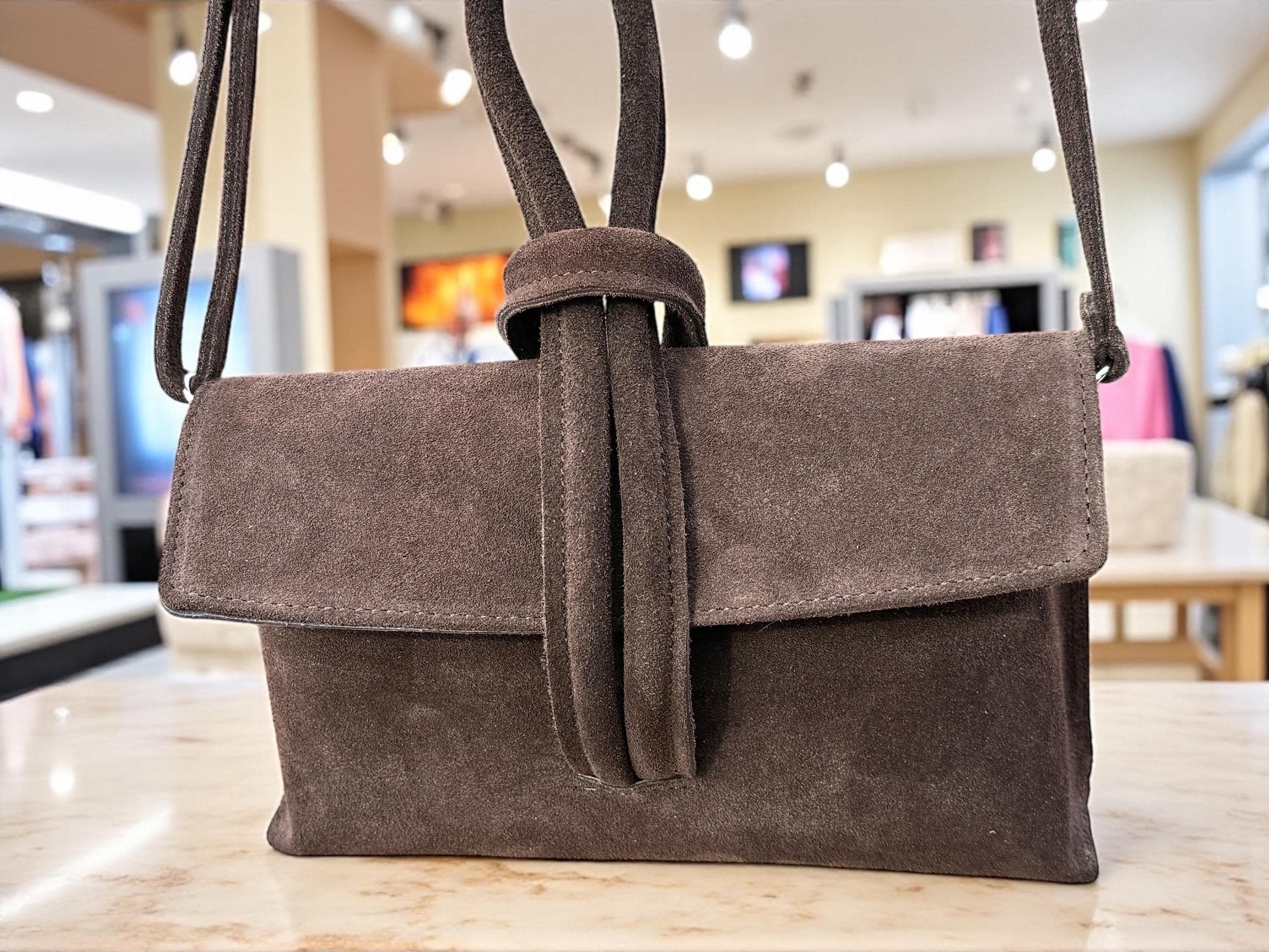 Suede dark Brown Looped Top handle Handbag